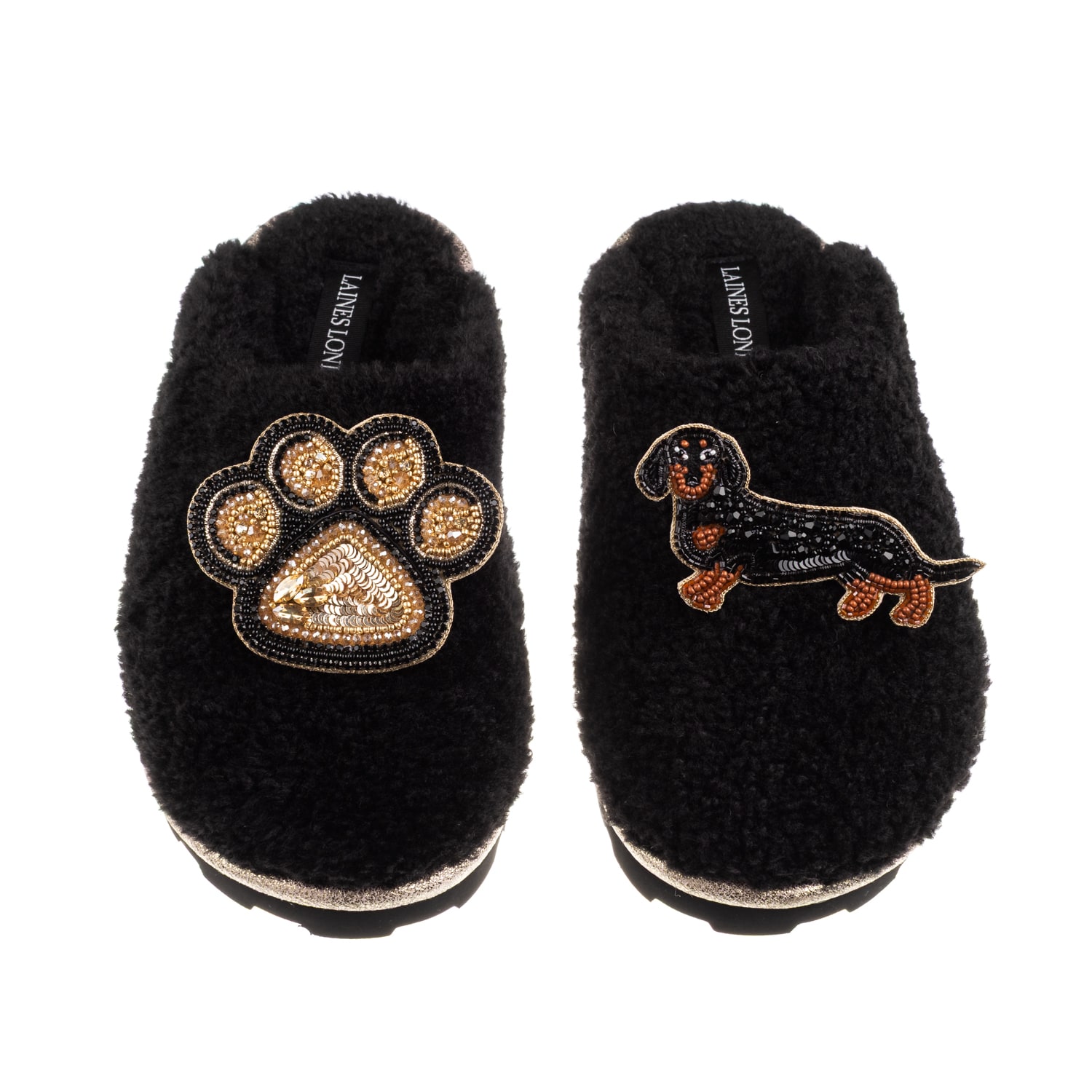 Laines London Women's Teddy Closed Toe Slippers With Paw & Black & Tan Dachshund Brooches - Black In Black