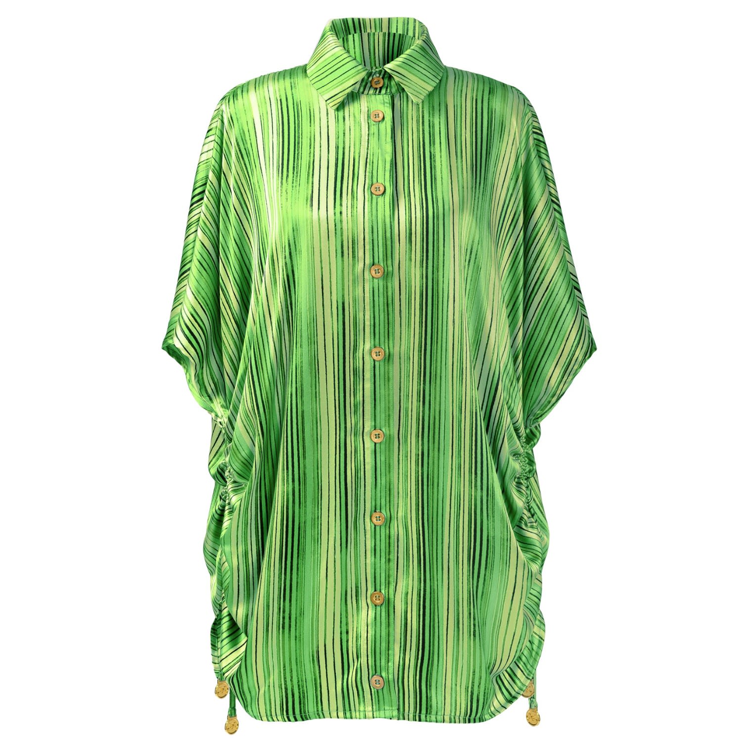 Women’s Dalarna - Green Stripe Oversized Silk Satin Button Shirt Extra Small Kargede