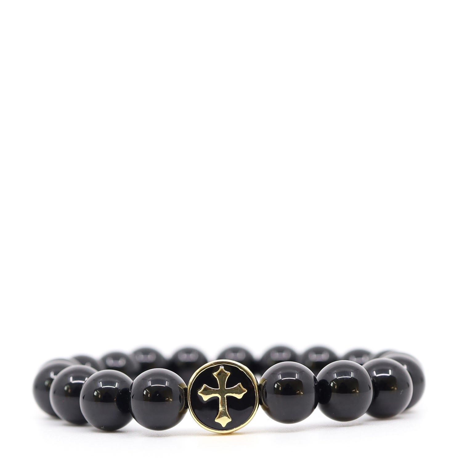 Shar Oke Men's Gold / Black Black Tourmaline & Gold Cross Beaded Bracelet In Multi