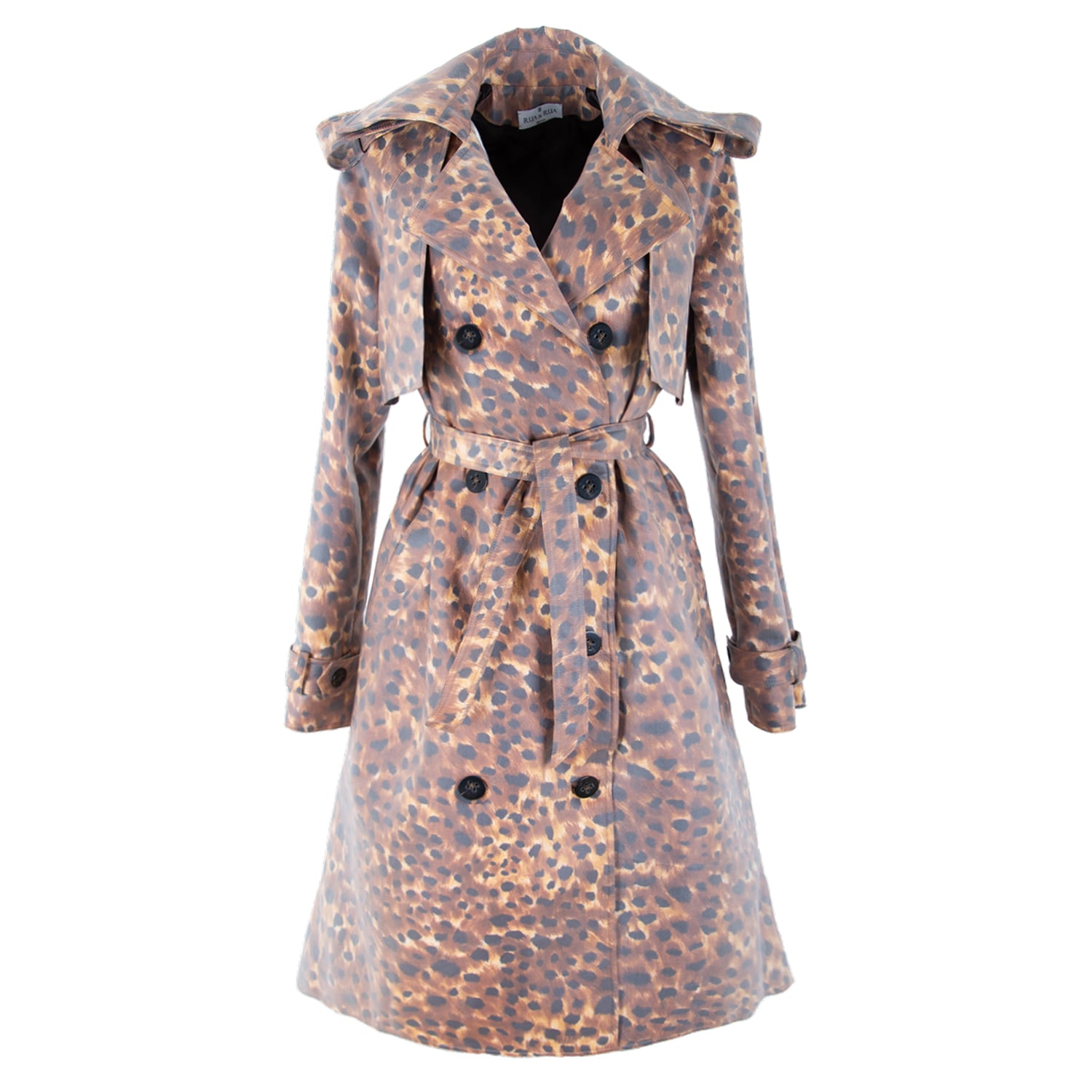 Rua & Rua Women's Brown Coated Cotton Leo Print Double-breasted Trenchcoat In Cognac In Brown