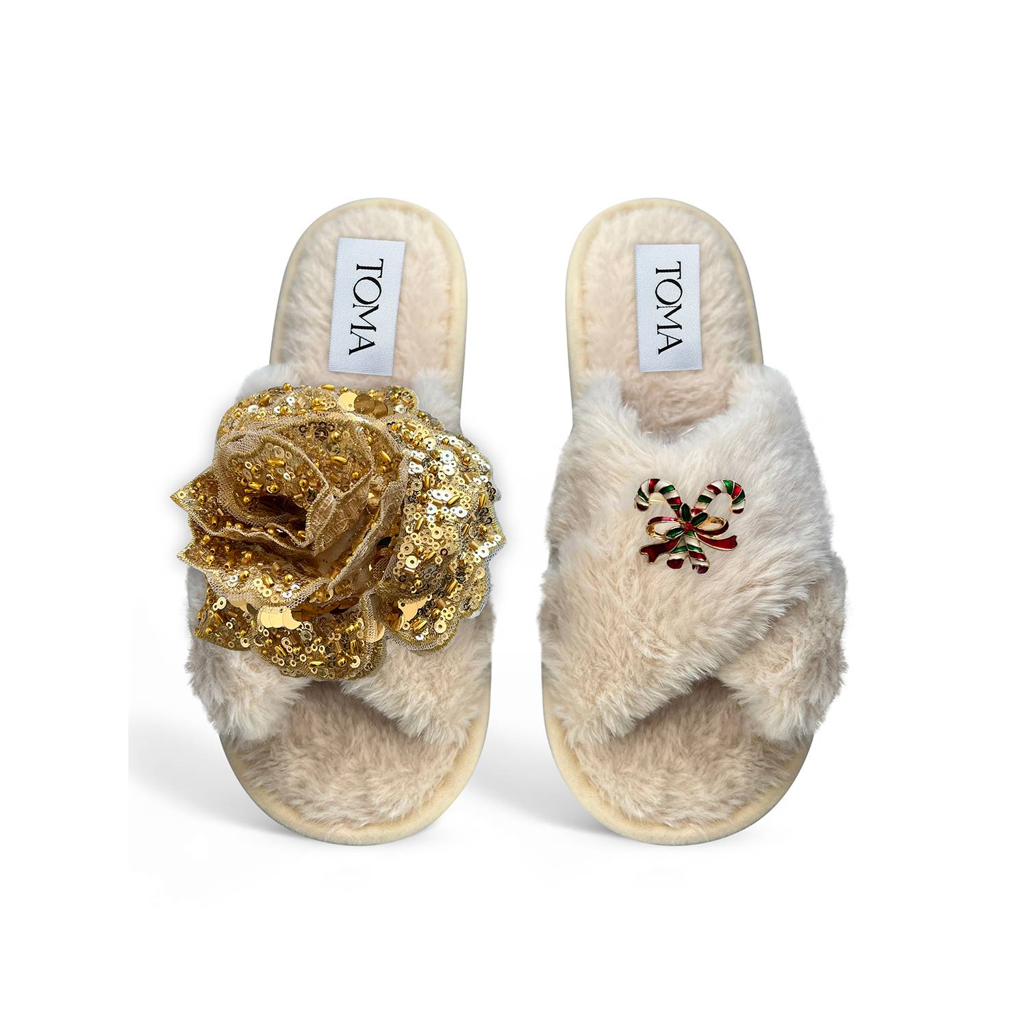 Toma Women's Neutrals Classic  Open Toe Gold Sequin Flower And Ribbon Beige Slippers In Gray