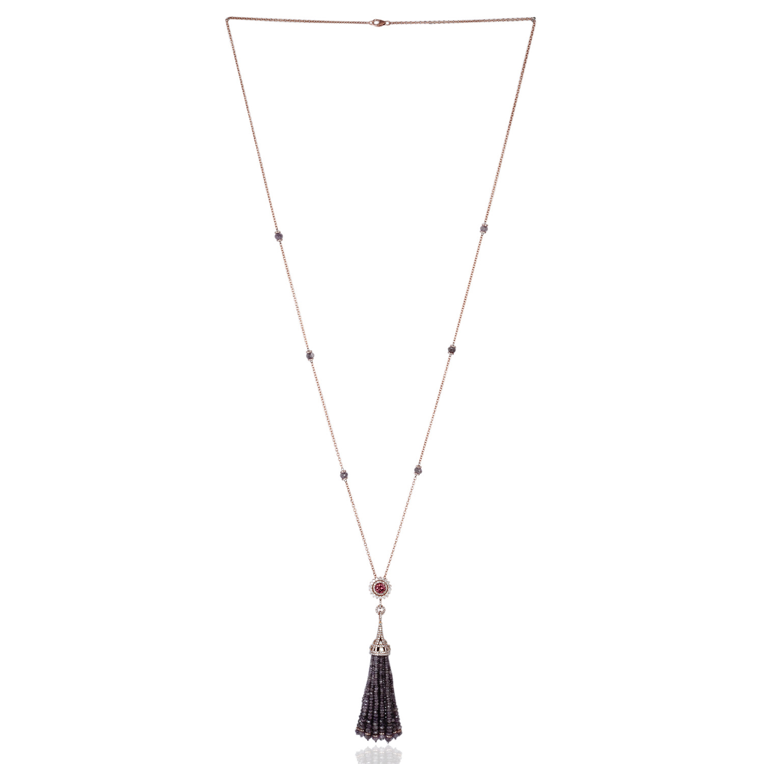 Women’s Black / Pink / Purple 18K Rose Gold Pink Tourmaline Tassel Matinee Necklace Pave Diamond Jewelry Artisan