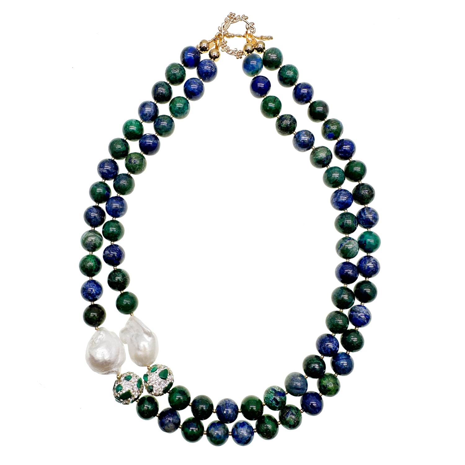 Farra Women's Green / Blue Phoenix Lapis With Baroque Pearls Double Strands Statement Necklace