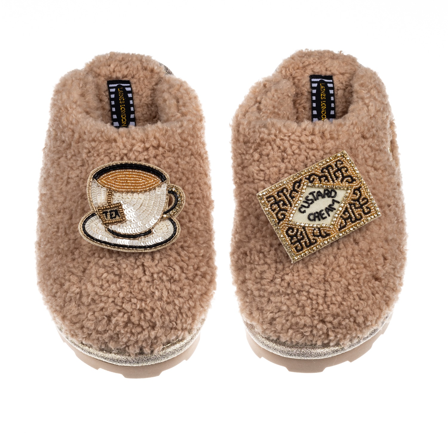 Laines London Women's Brown Teddy Towelling Closed Toe Slippers With Tea & Biscuit  Brooches - Toffee In Brown