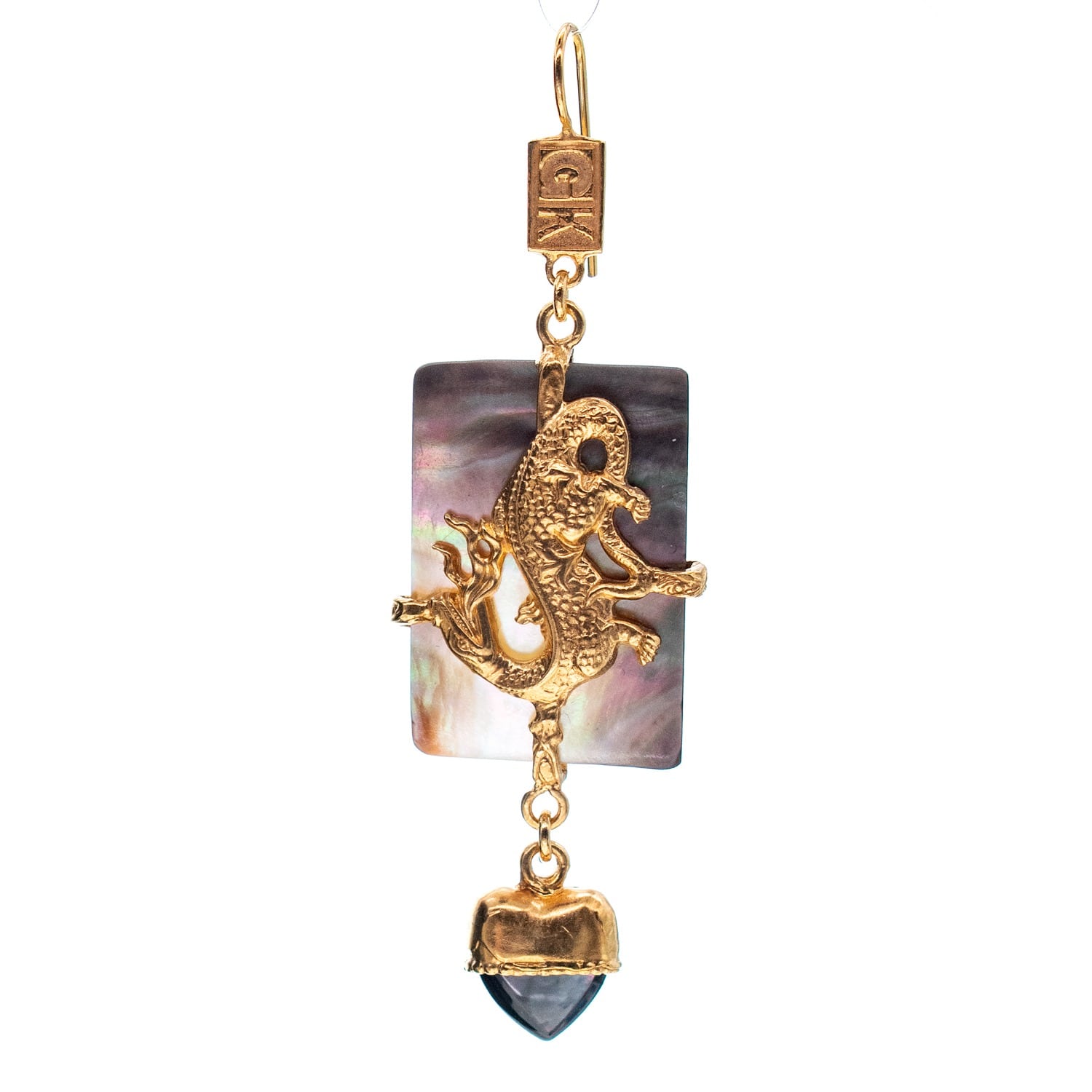Gem Kingdom Women's Gold / Grey Single Dragon Earring Gold Plated In Multi