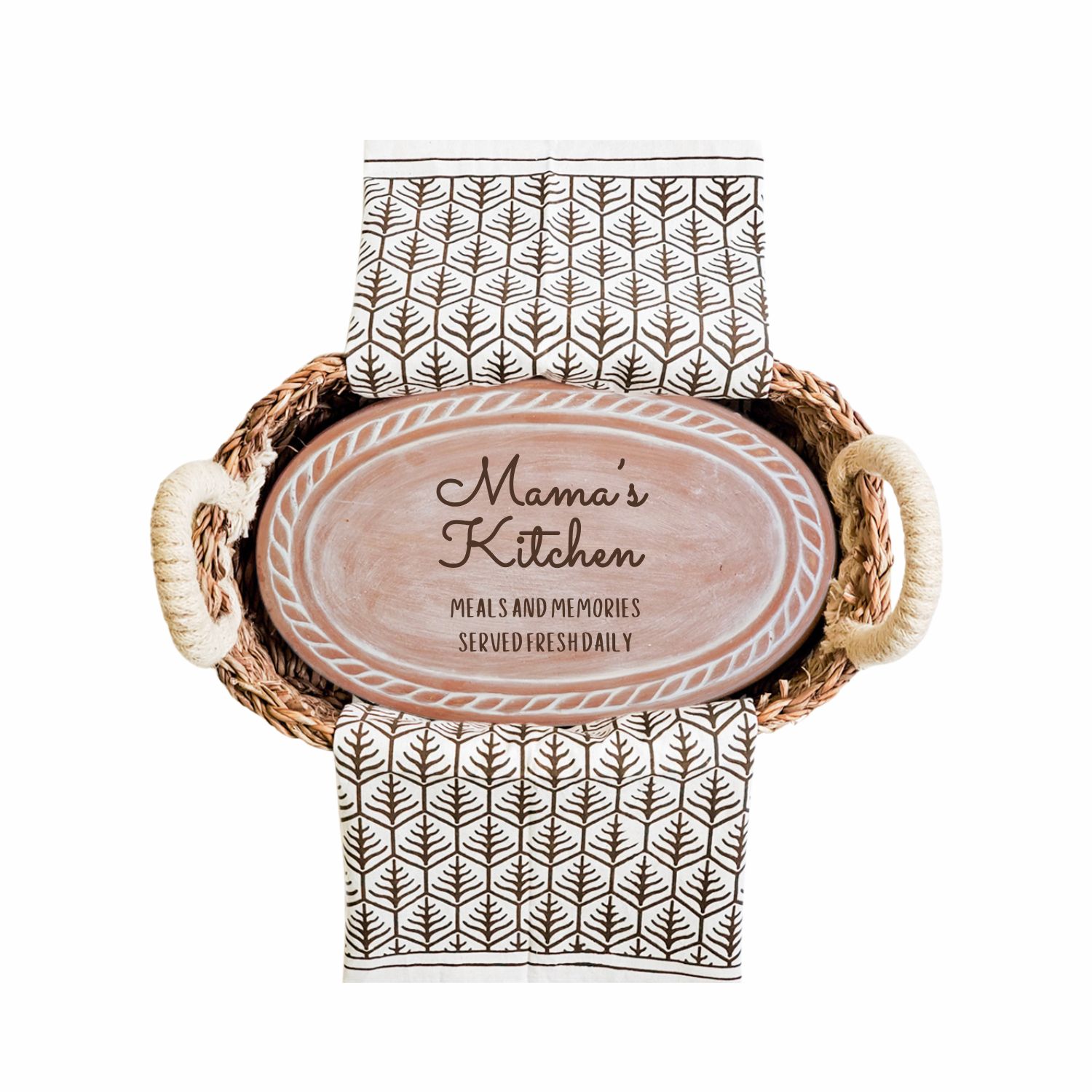 Korissa Bread Warmer & Basket Gift Set With Dark Brown Tea Towel - Mom Oval