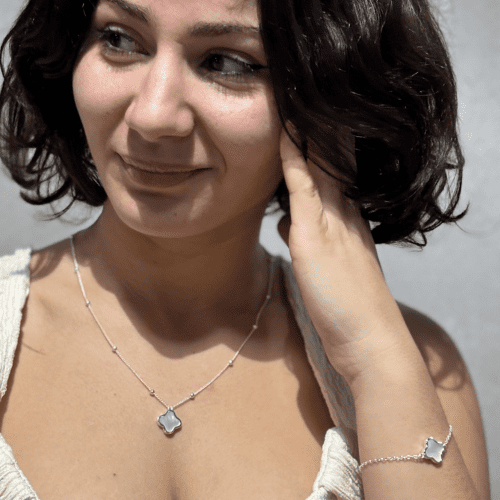 Clover Gift Set Silver Necklace & Bracelet Mother Of Pearl