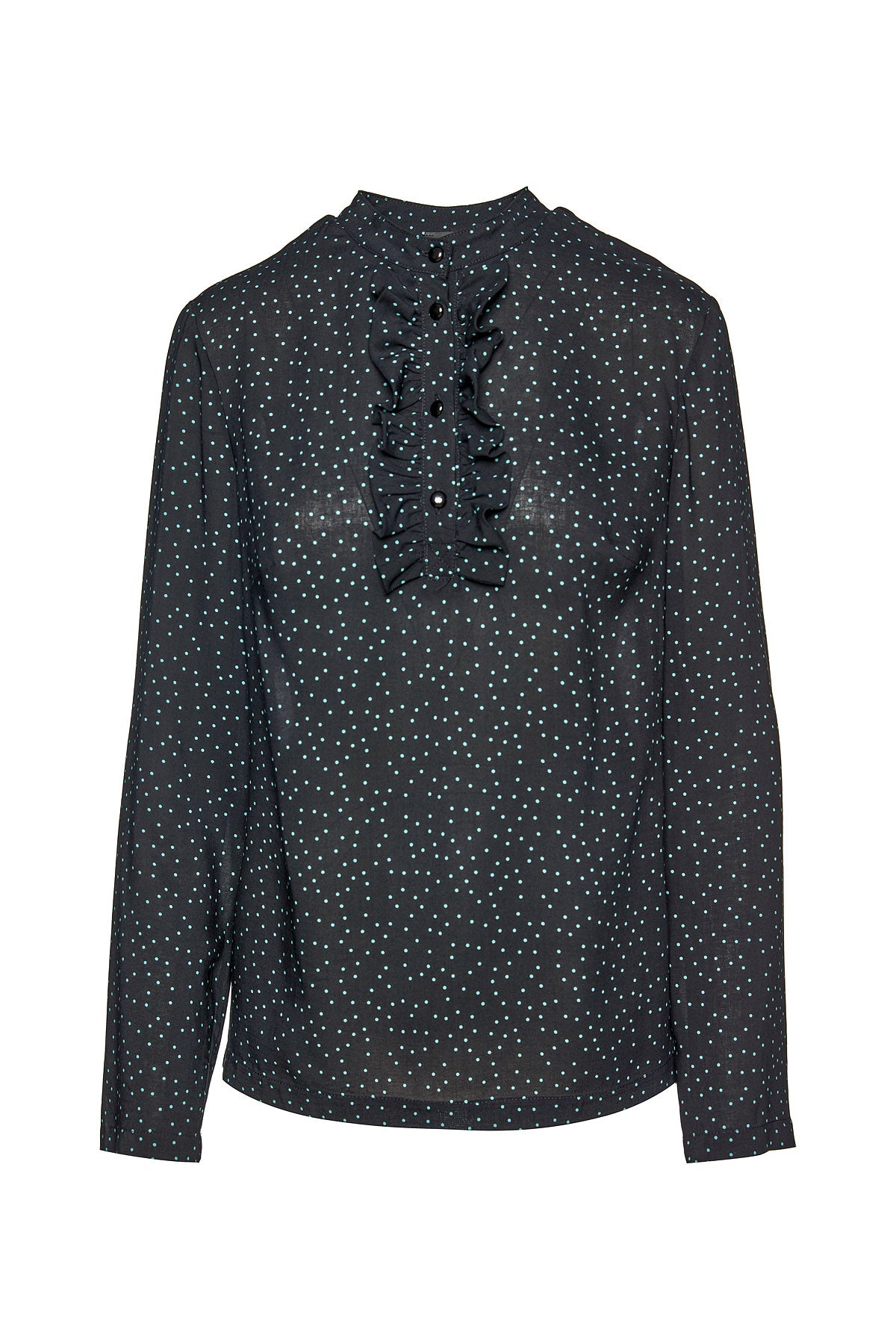 Women's Black Polka Dot Blouse With Ruffle Detail | Medium | Conquista