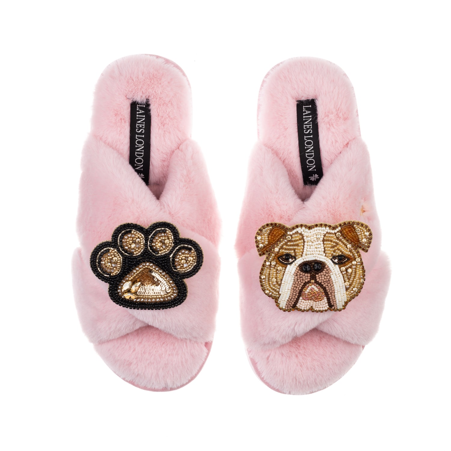Laines London Women's Pink / Purple Classic Laines Slippers With Mr Beefy Bulldog & Paw Brooches - Pink