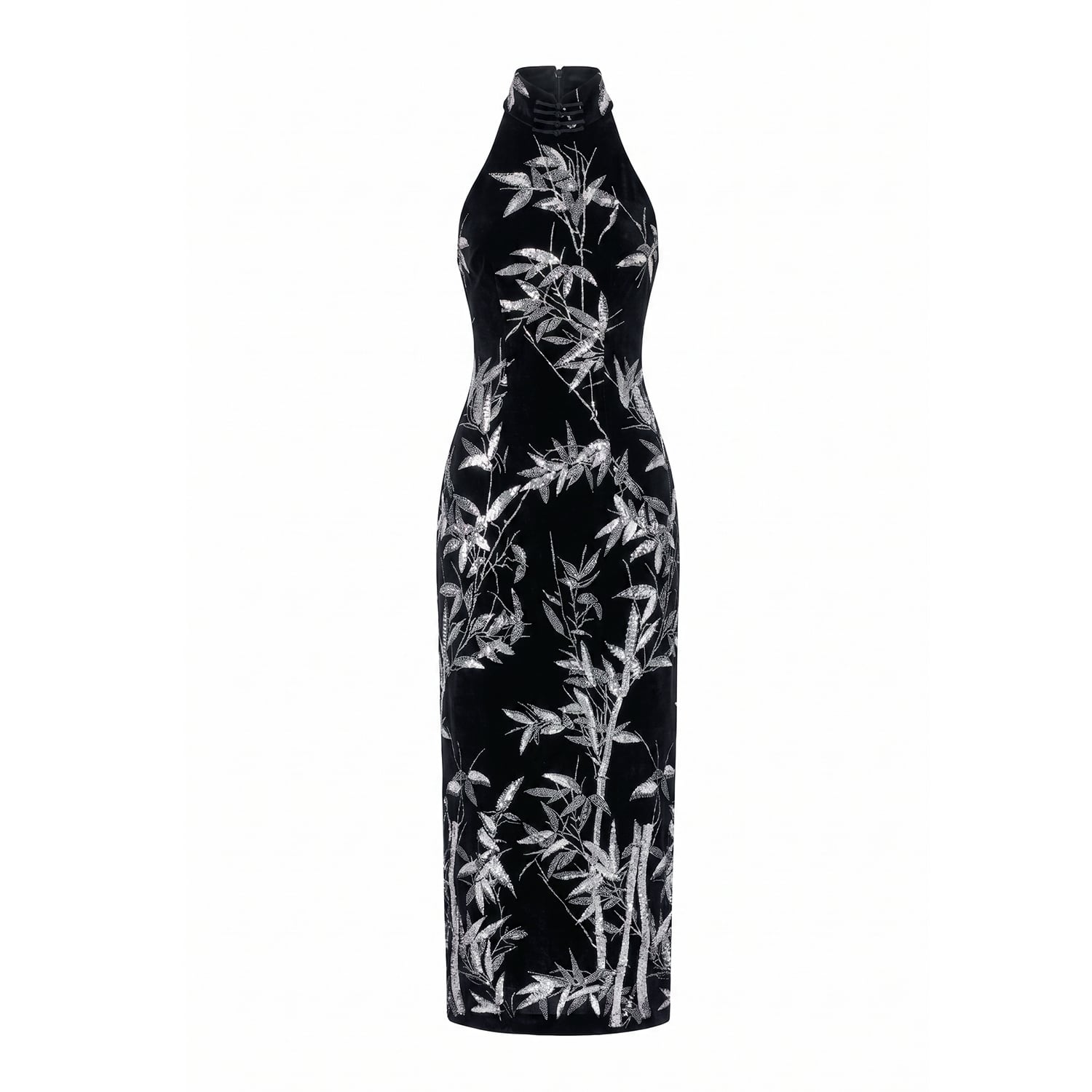 Women's Black / Silver Bamboo Leaf Beaded Embroidered Halterneck Gown | Small | Belsize25