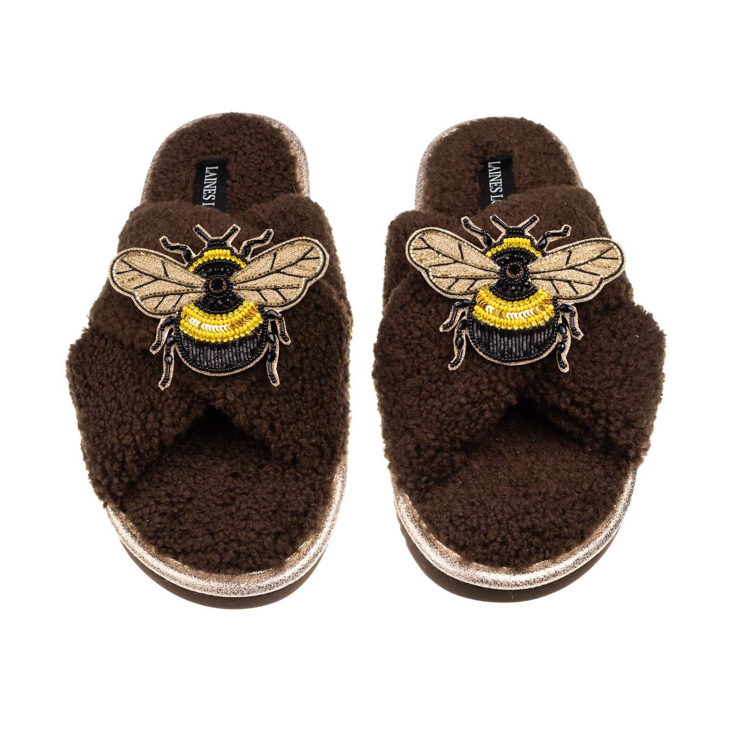 Laines London Women's Brown / Neutrals Laines Neutral Boucle Slippers With Double Honeybee Brooches - Chocolate