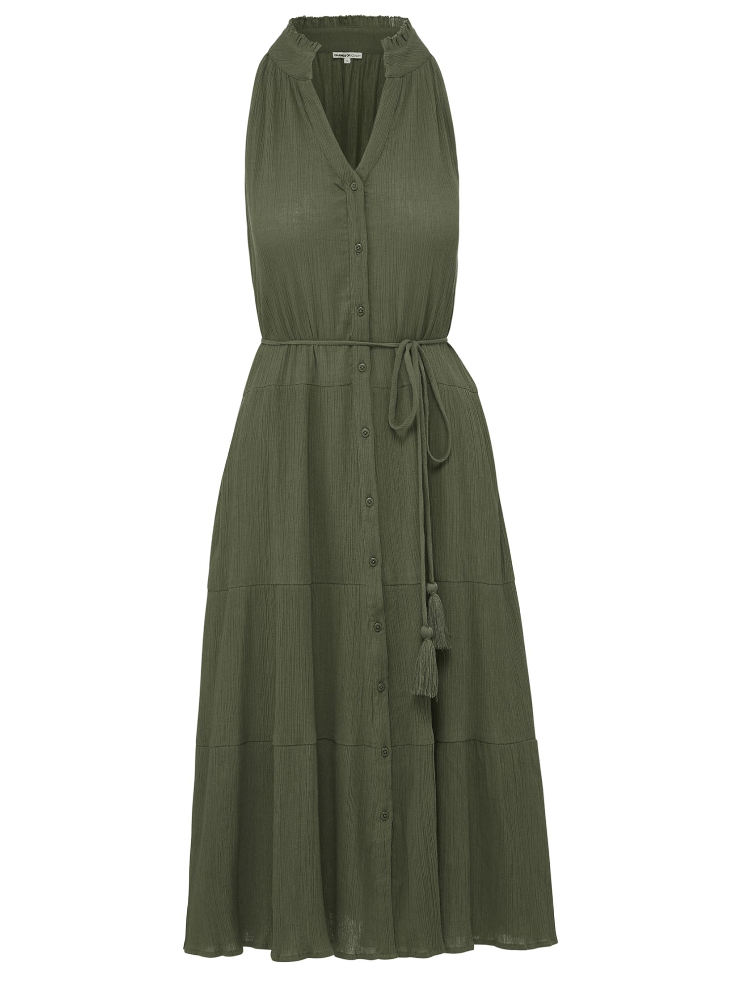 Change Of Scenery Women's Green Tracy Button Down Tiered Beach Dress Olive In Green