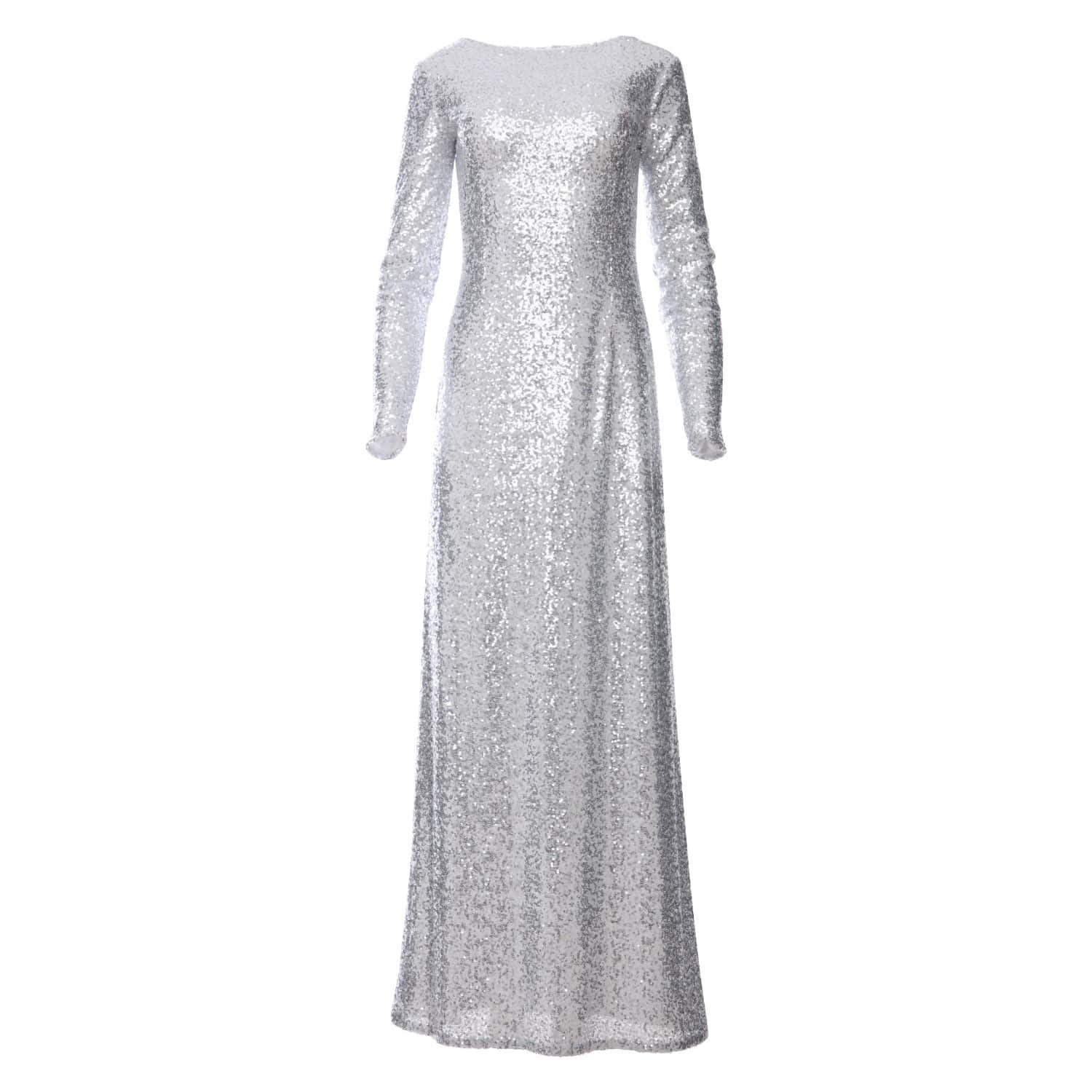 Amal Silver Sequin Glitter Maxi Dress With Long Sleeves Zalinah