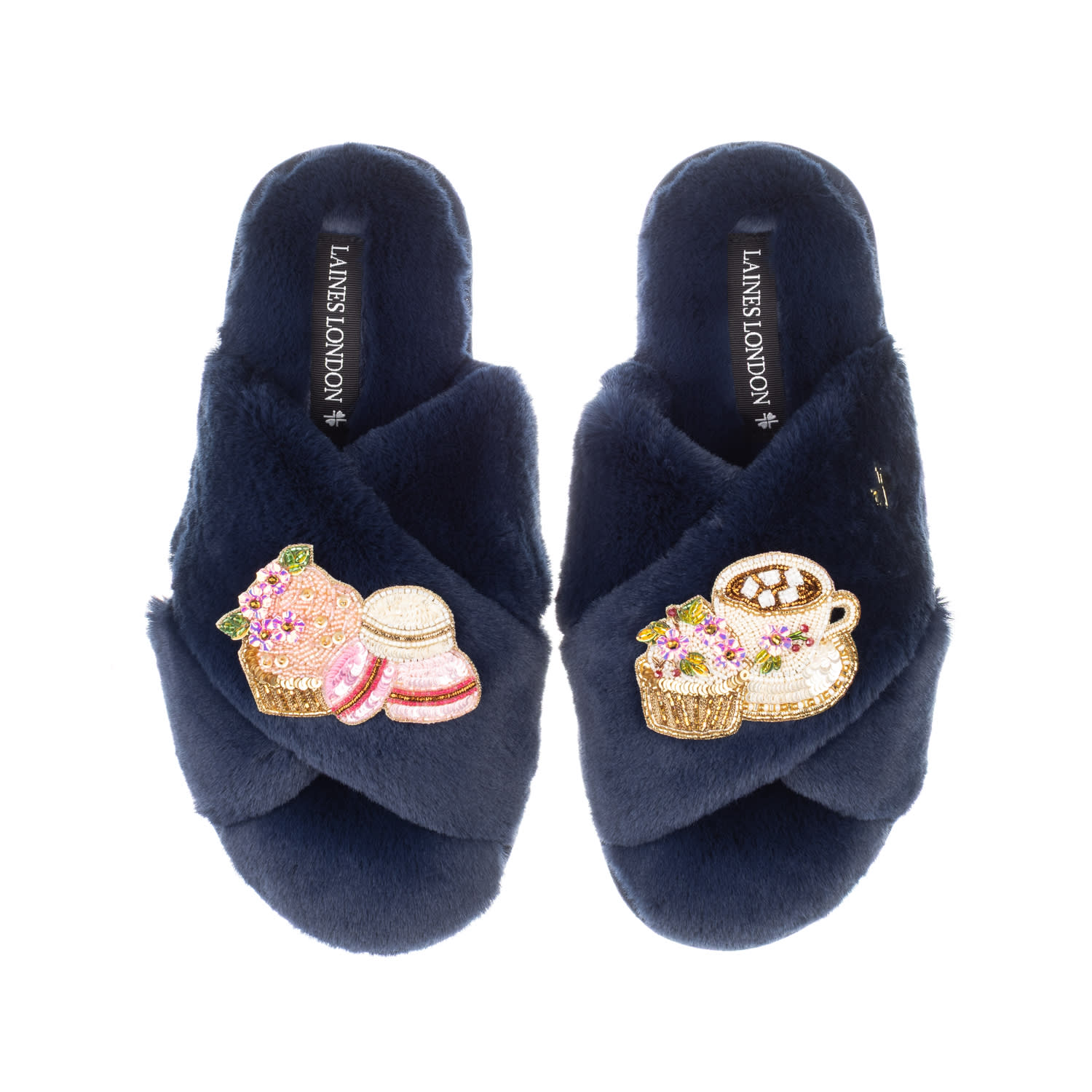 Women's Blue Classic Laines Slippers With Macaroon Brooches - Navy | Extra Large | Laines London