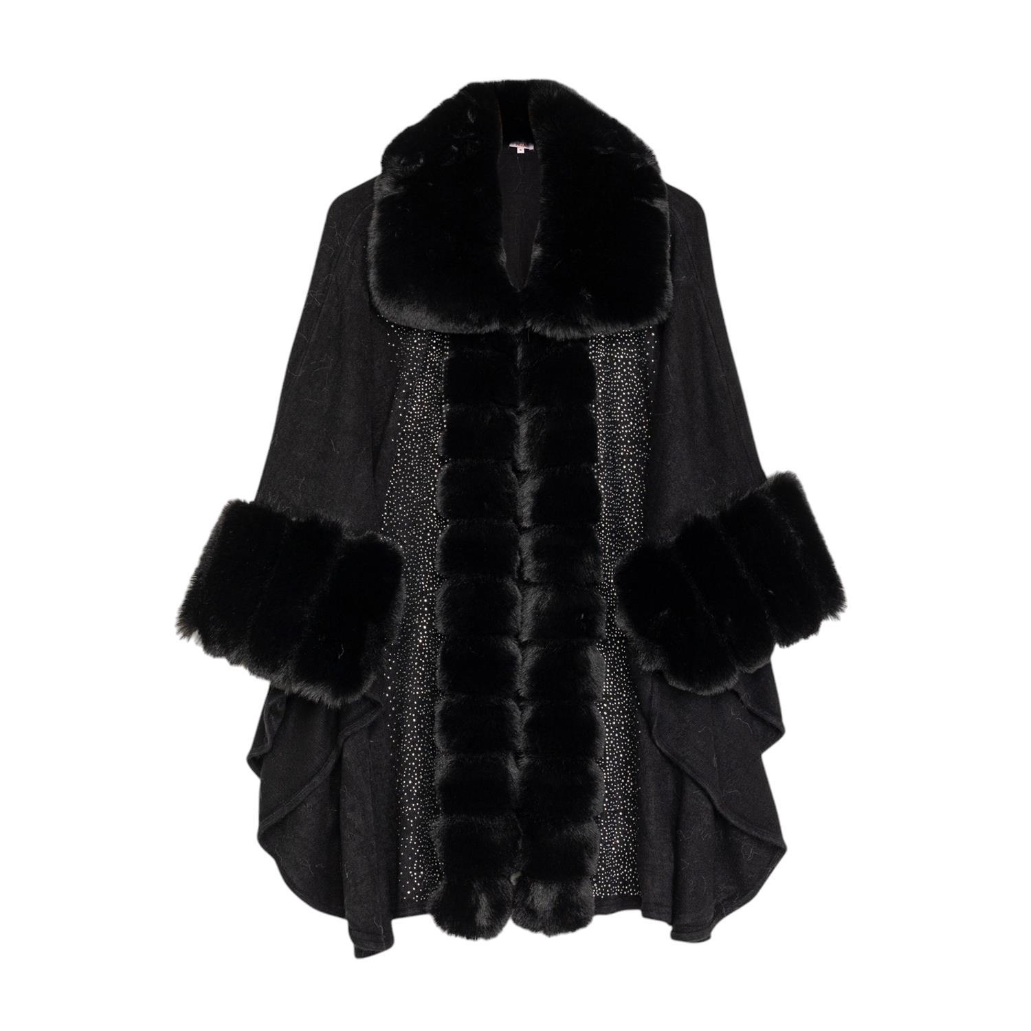 Niza Women's Black Poncho With V Neckline And Fur