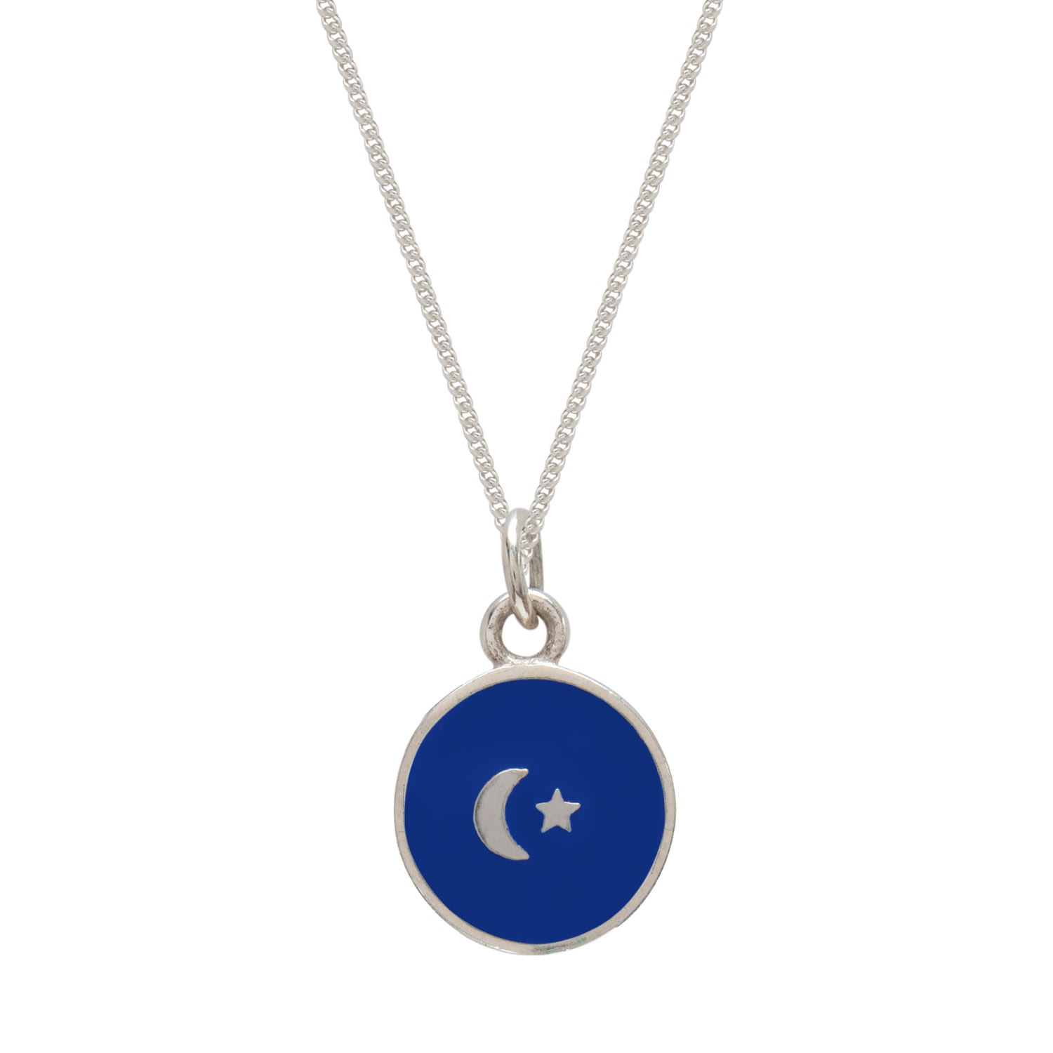 Lime Tree Design Women's Blue Small Moon & Star Enamel Necklace Sterling Silver Indigo In Blue