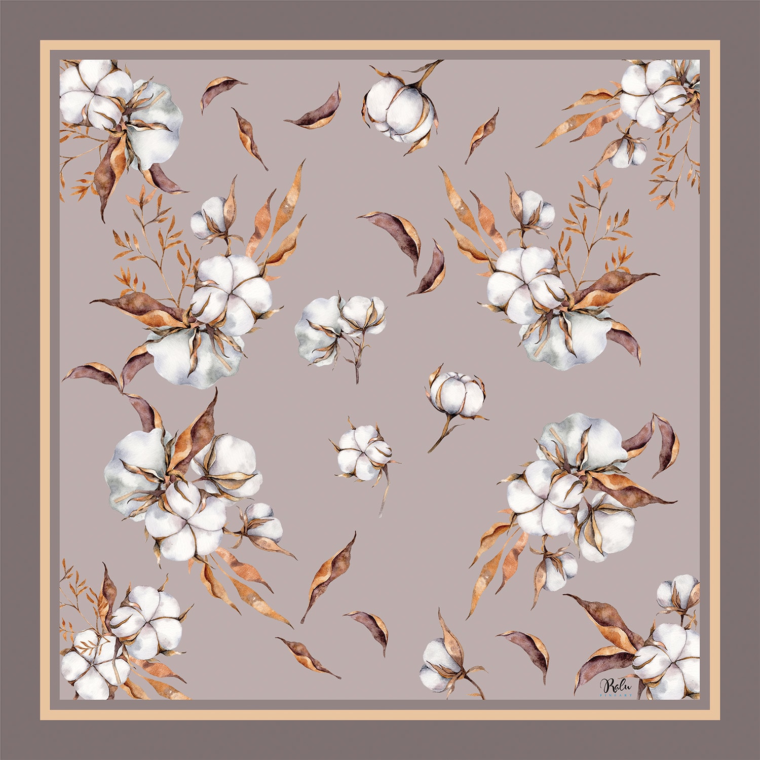 Ralufineart Women's Brown / Neutrals Cotton Flowers Silk Scarf