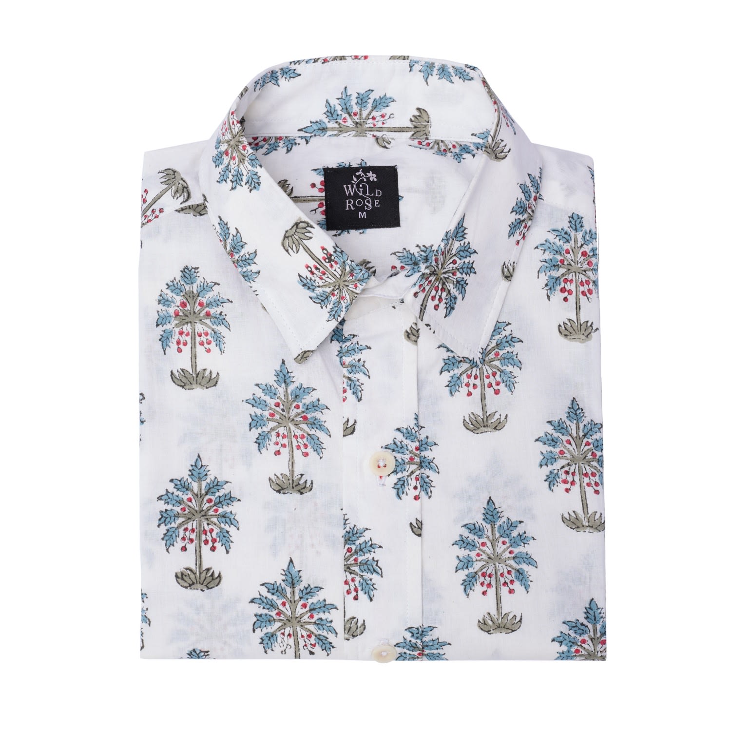 Wild Rose Men's White Mtende Hand Block Print Cotton Long Sleeved Floral Shirt In White