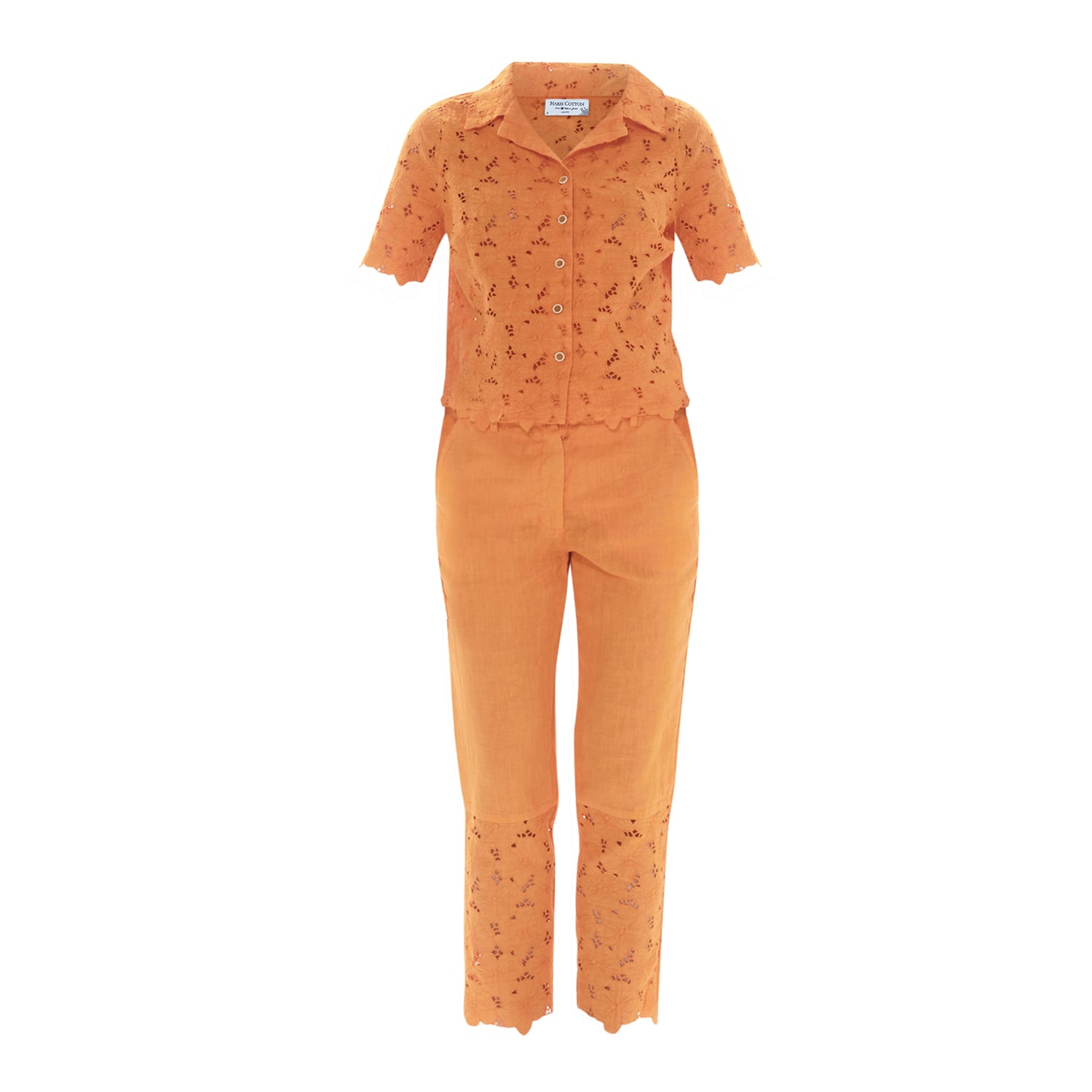 Haris Cotton Women's Yellow / Orange Eyelet Embroidery Scallop Trim Shirt With Short Sleeve - Lotus