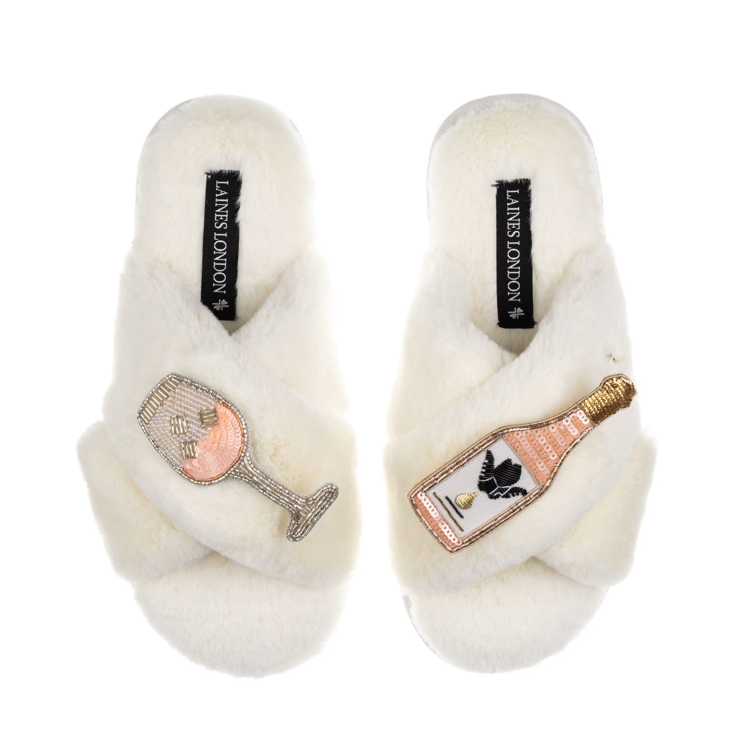Women's Neutrals / White Classic Laines Slippers With Angelic Rose Wine Brooches - Cream | Small | Laines London