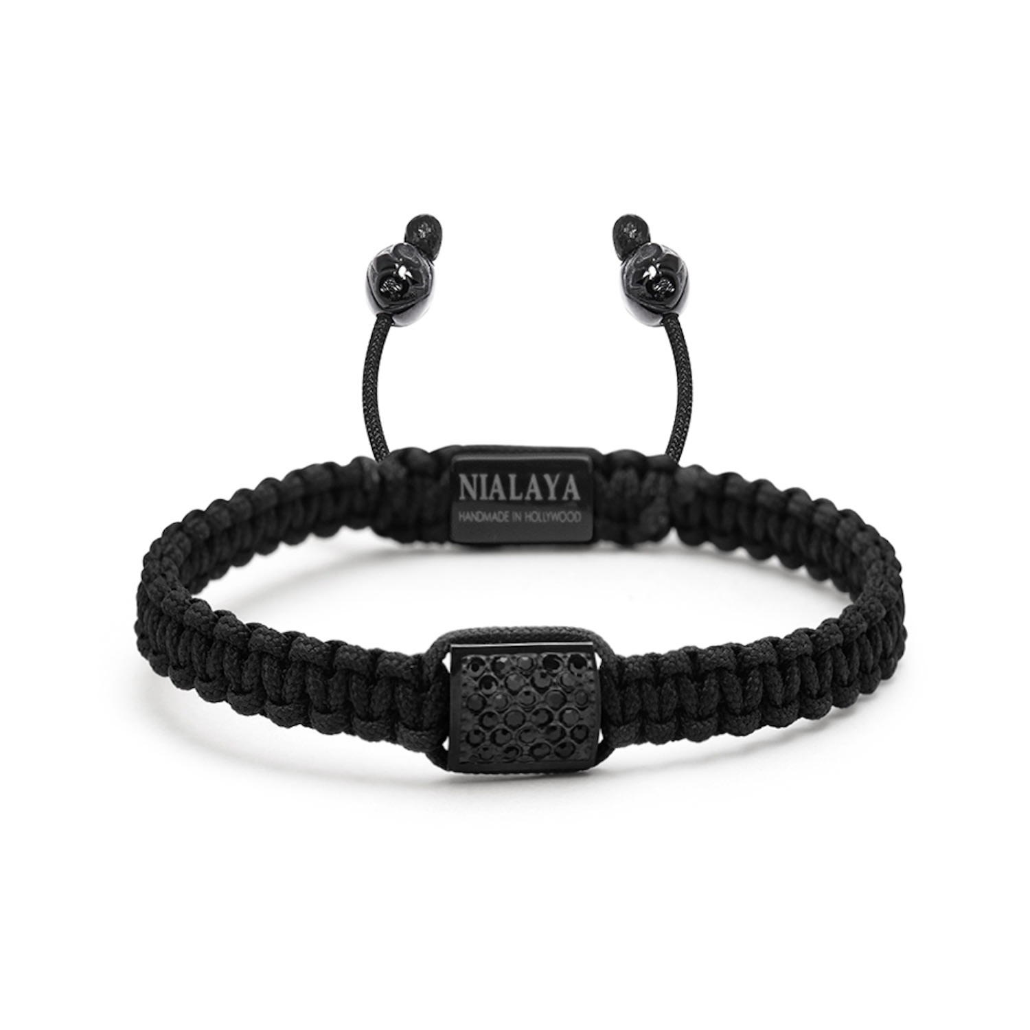 Nialaya Mens Black String Bracelet With Black Cz Flatbead