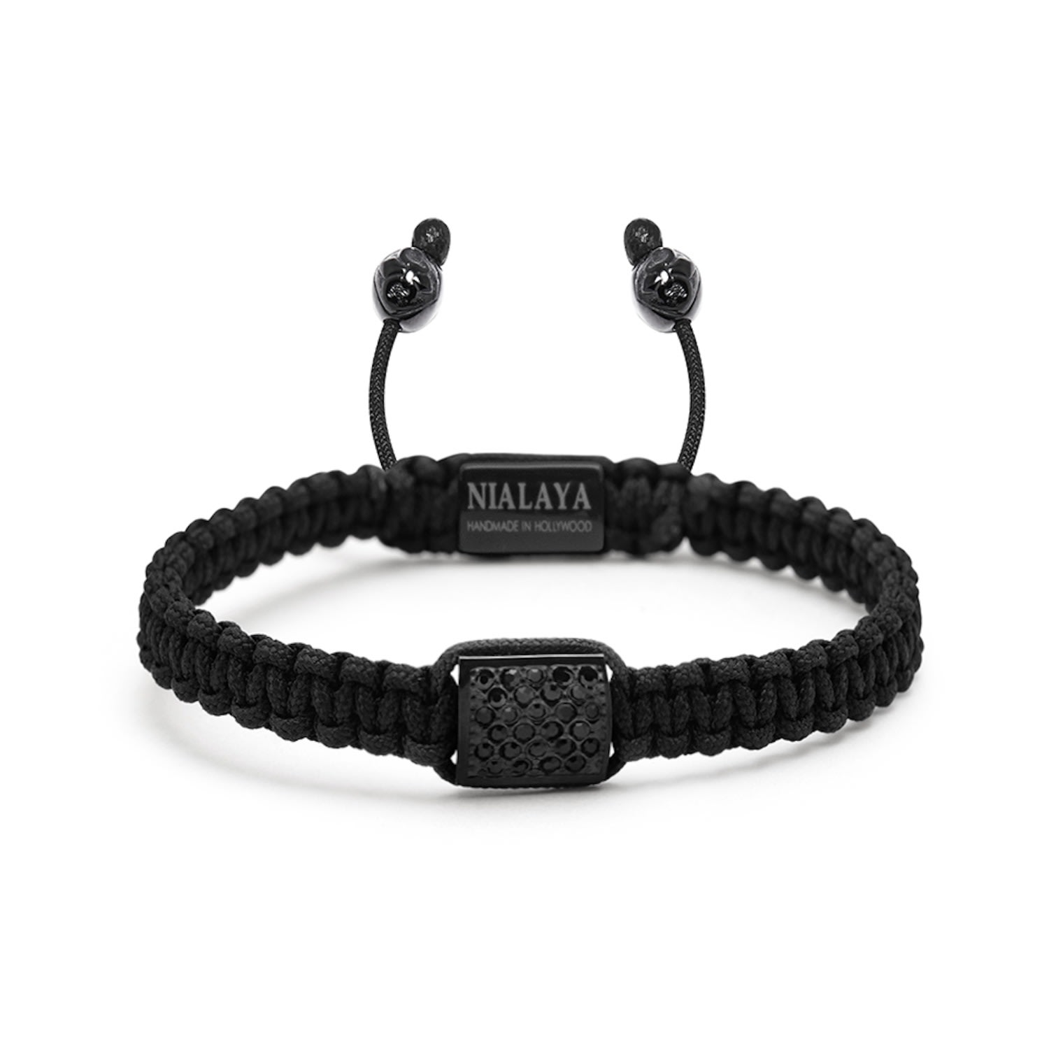 Mens Black String Bracelet With Black Cz Flatbead Nialaya