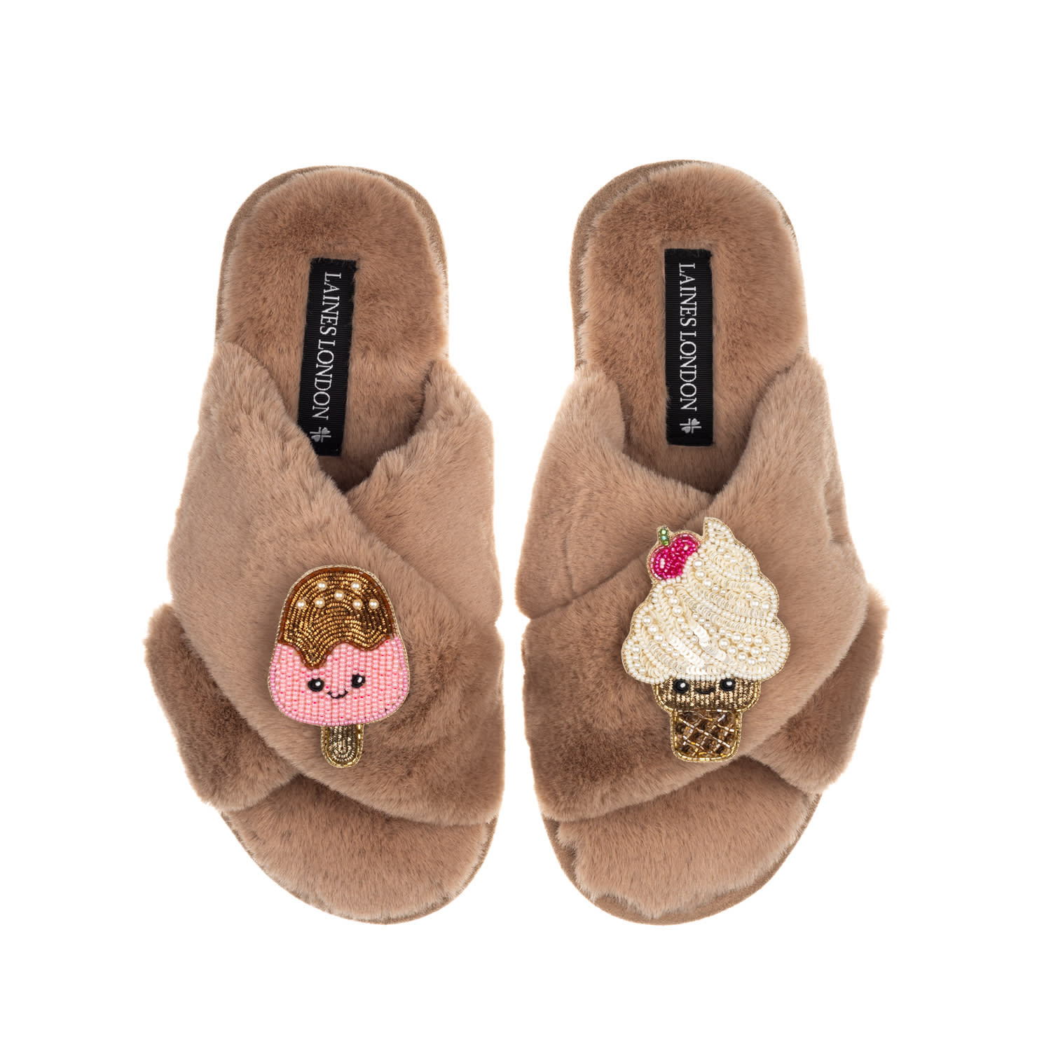 Laines London Women's Brown Classic Slippers With Laines Loveables Ice Lolly & Ice Cream Brooches - Toffee In Brown