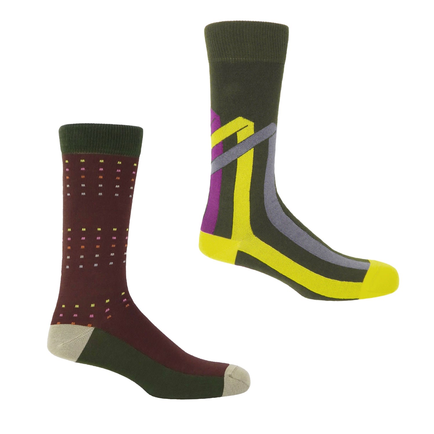 Peper Harow - Made In England Square Polka And Ribbon Stripe Men's Sock Bundle - Multicolour In Multi