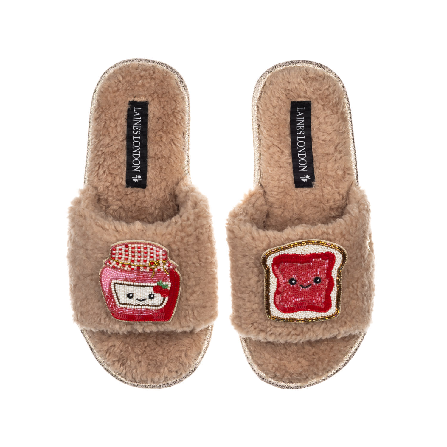 Laines London Women's Brown Teddy Slider Slippers With Laines Loveables Jam & Toast Brooches - Toffee In Brown
