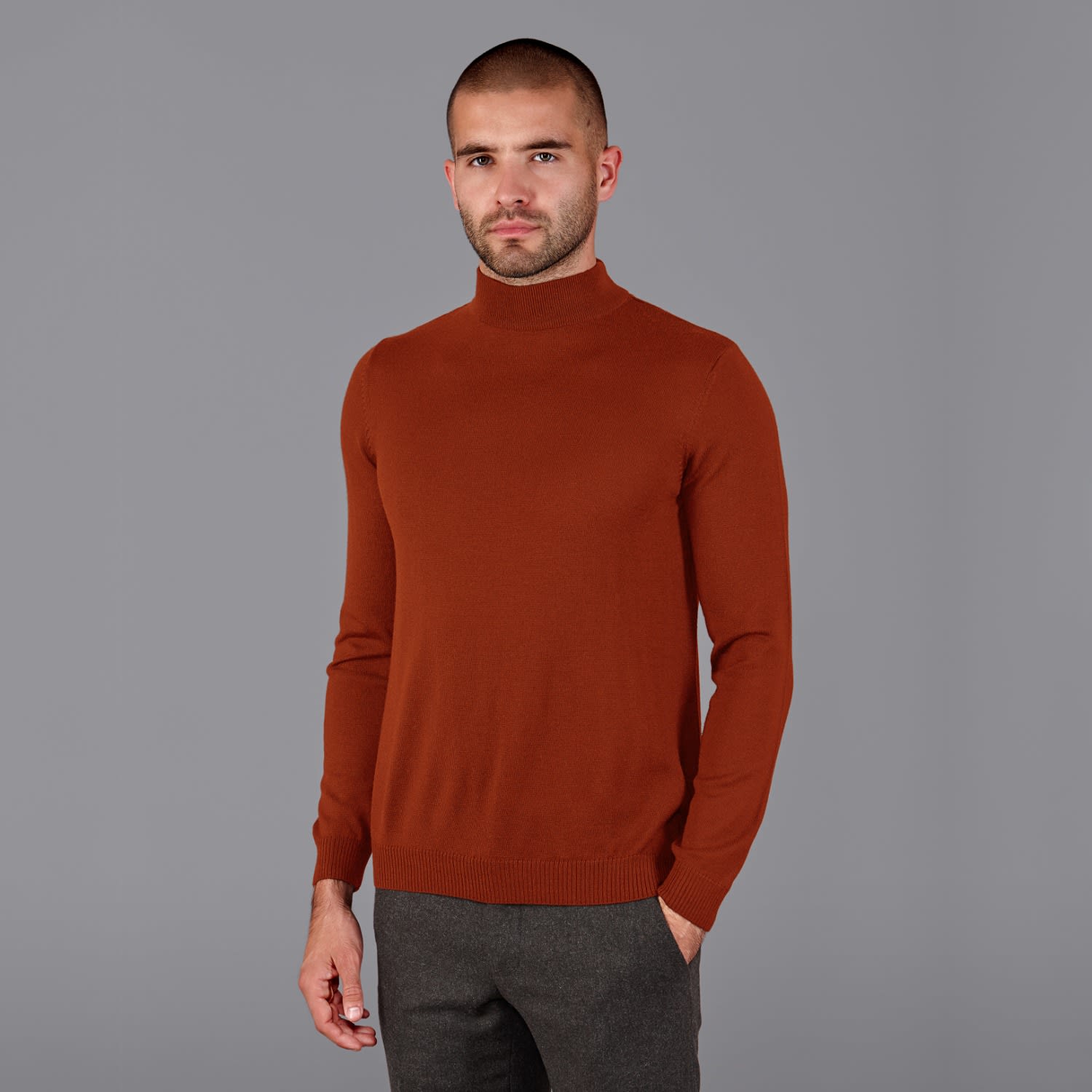 Mens Extra Fine Merino Wool Mock Turtleneck Shaw Jumper - Spice