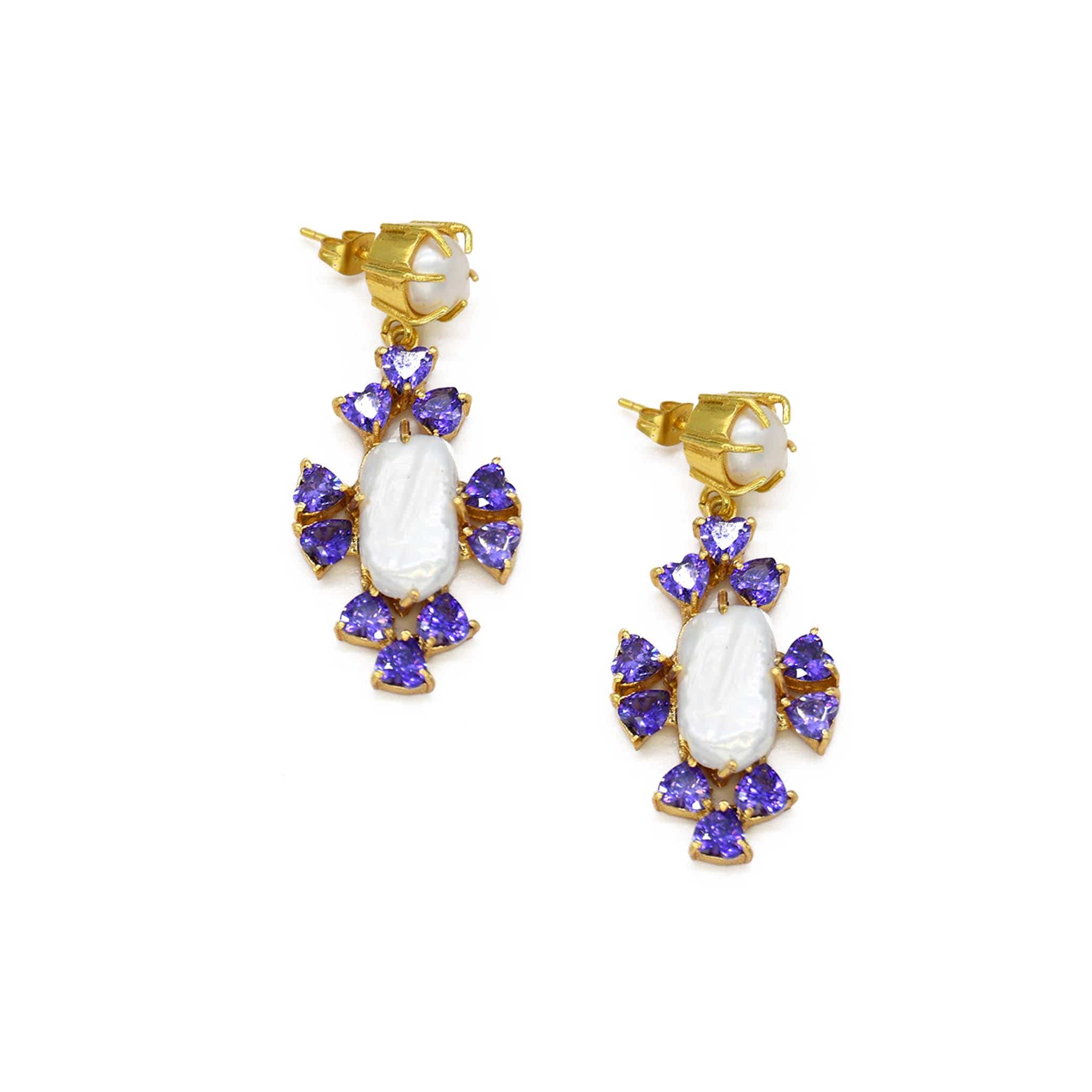 Adiba Women's White / Gold / Pink Purple Cubic Zircon & Baroque Pearls Handmade Drop Earrings