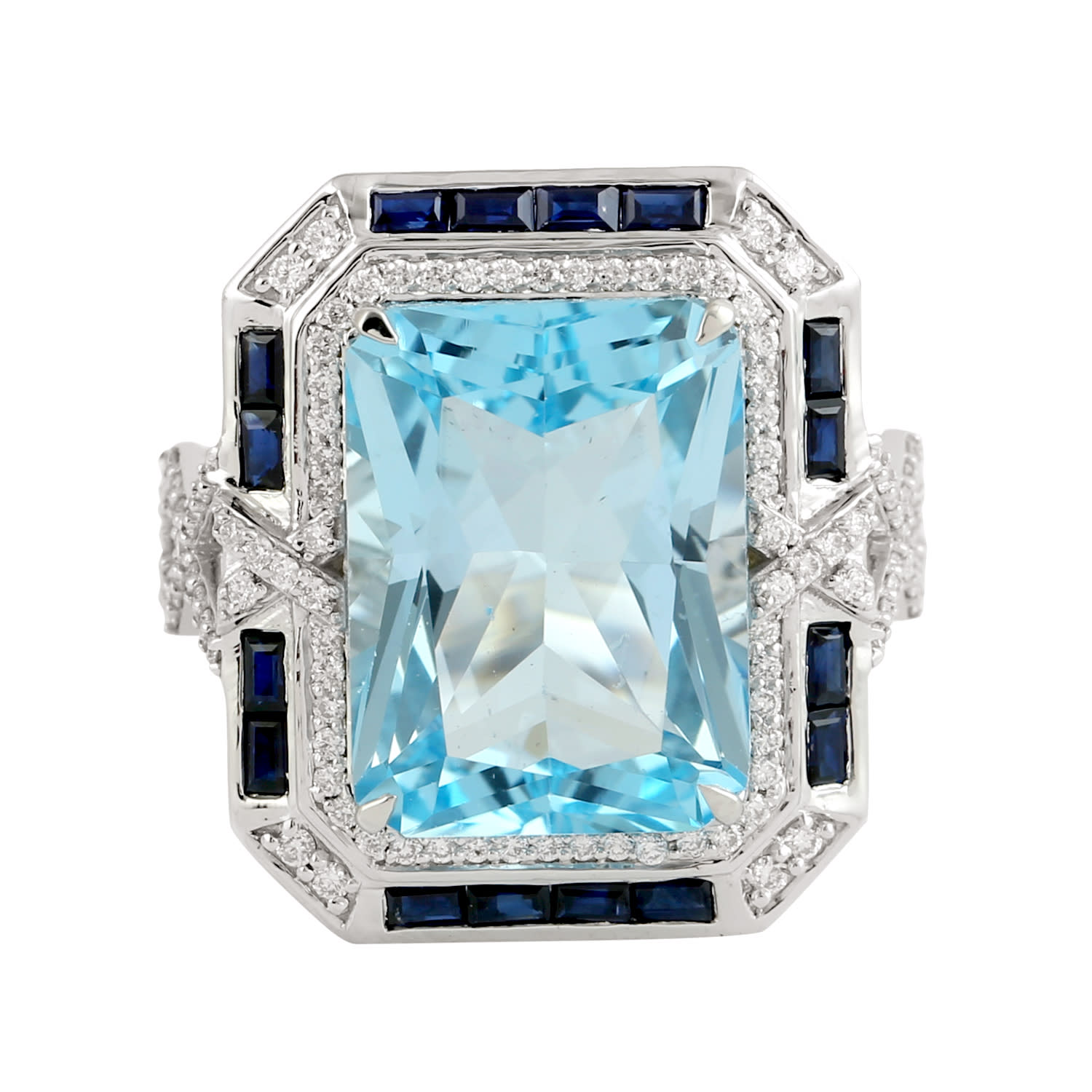 Artisan Women's White / Blue Blue Topaz & Blue Sapphire Gemstone Diamond Cocktail Ring In White Gold