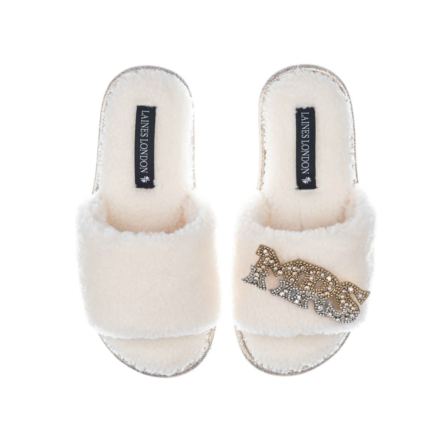 Laines London Women's White Teddy Towelling Slipper Sliders With Mrs Brooch - Cream