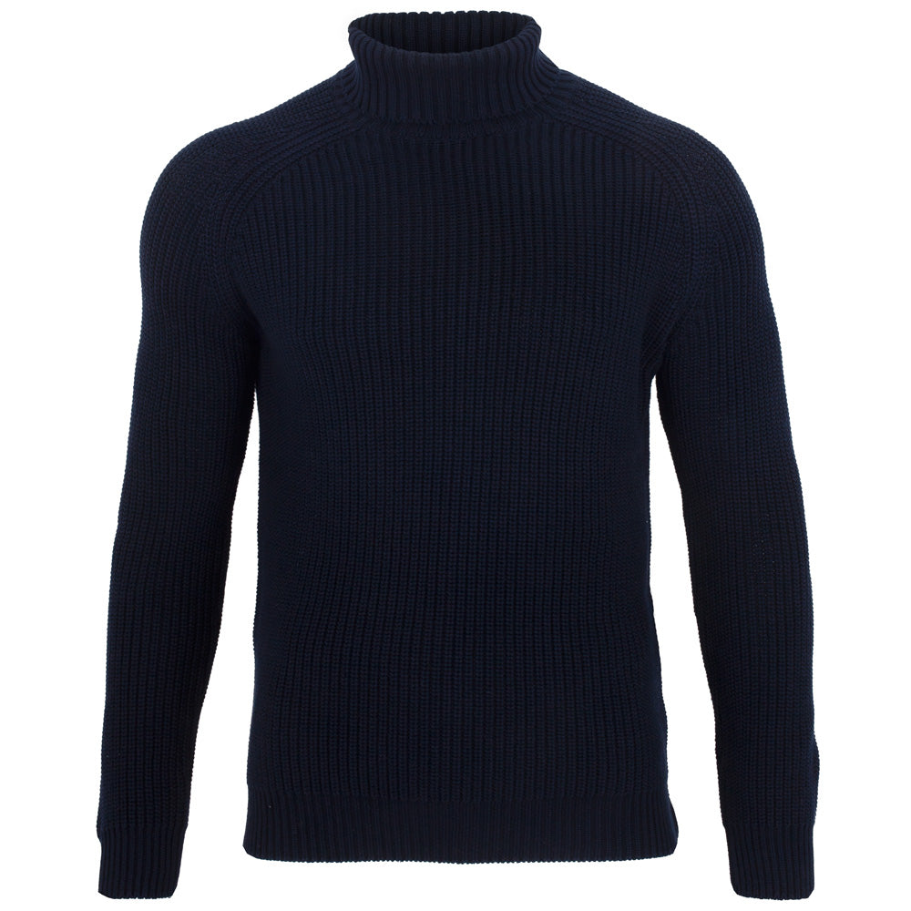 Paul James Knitwear Blue Mens Cotton Jacob Fisherman Rib Knit Roll Neck Jumper - Navy In Blue