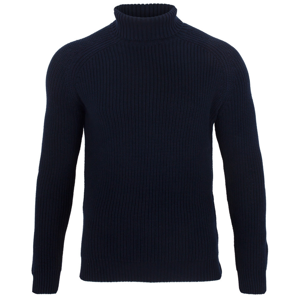 Blue Mens Cotton Jacob Fisherman Rib Knit Roll Neck Jumper - Navy Small Paul James Knitwear