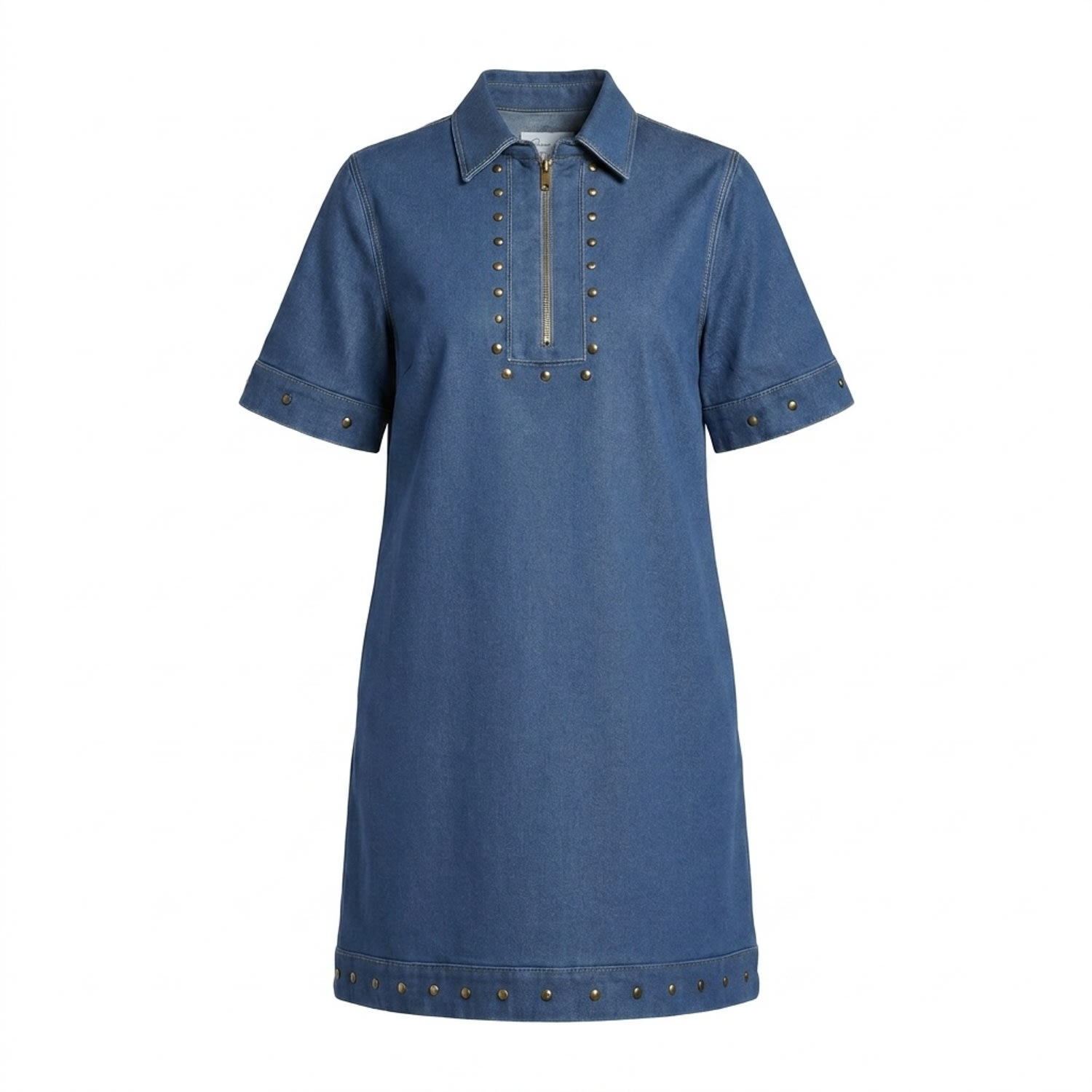 Women's Blue Studded Denim Mini Dress Half Zip | Medium | Modenaire