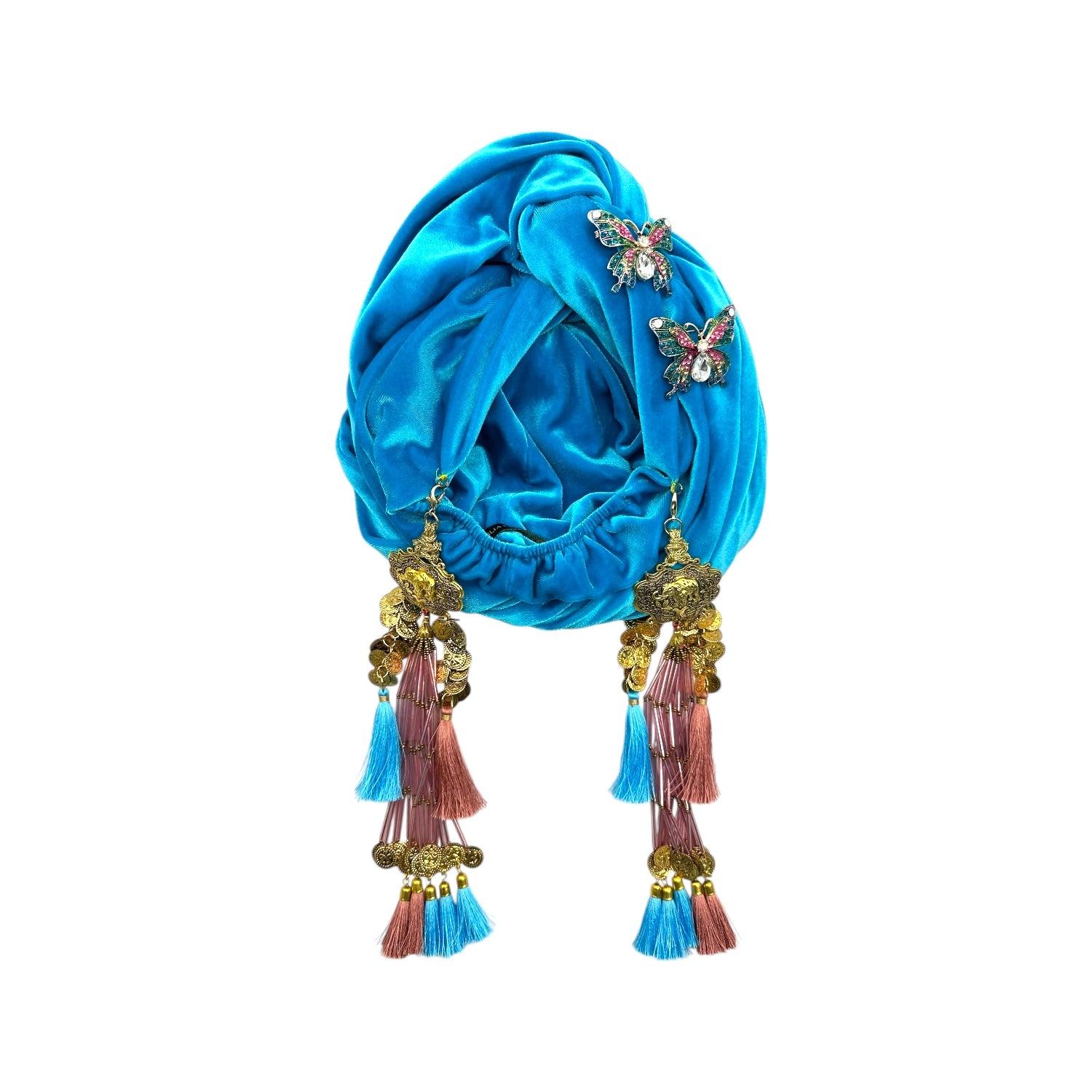 Julia Clancey Women's Gold / Blue / Pink Azure Butterfly's Dream Turban In Blue
