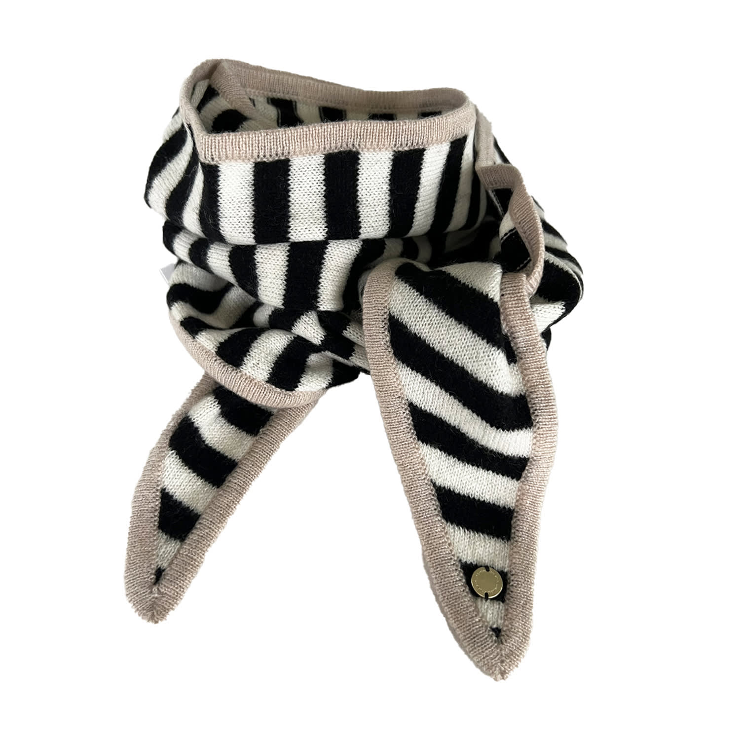 Tirillm Women's Ayla Small Neck Scarf In Soft Pure Cashmere, Black And White Stripes With Beige Trimming In Black