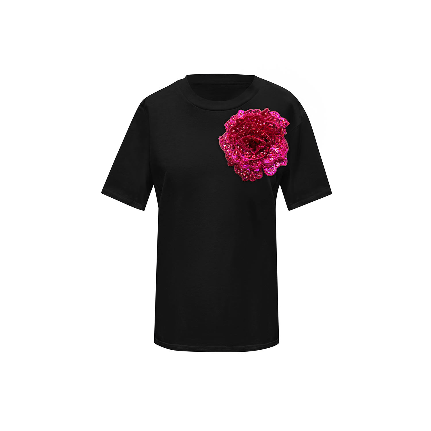 Toma Women's Black / Pink Flower Black Cotton T-shirt With Top Side Fuchsia Sequin Rose In Multi
