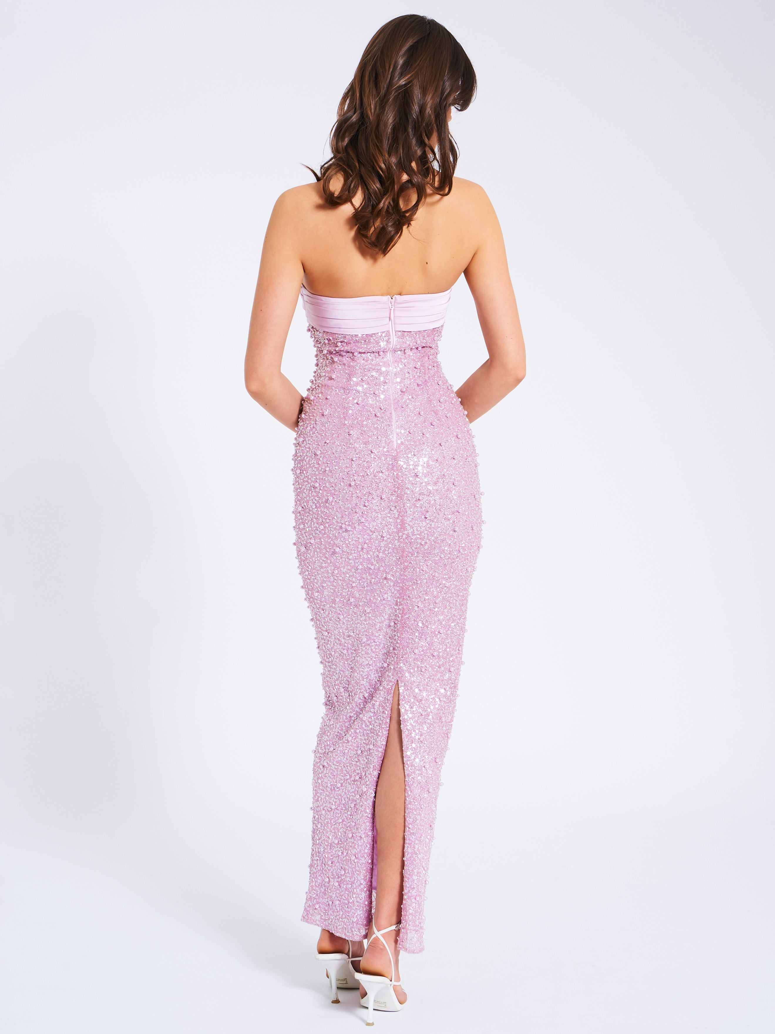 Lainey Purple Satin Sequin Pearls Beaded Maxi Dress | Miss Circle New York  | Wolf & Badger