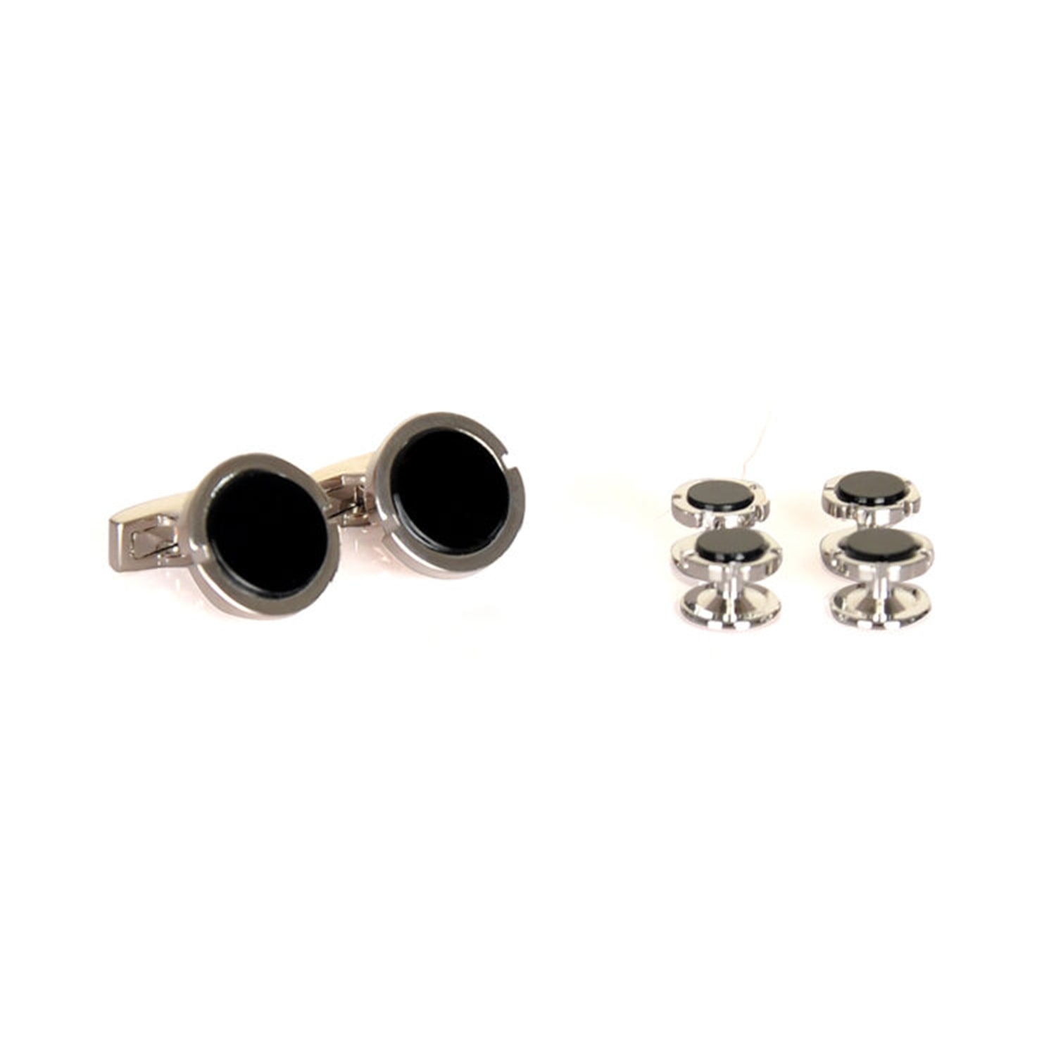 David Wej Men's Black / Silver Black Silver Round Cufflinks & Stud Set