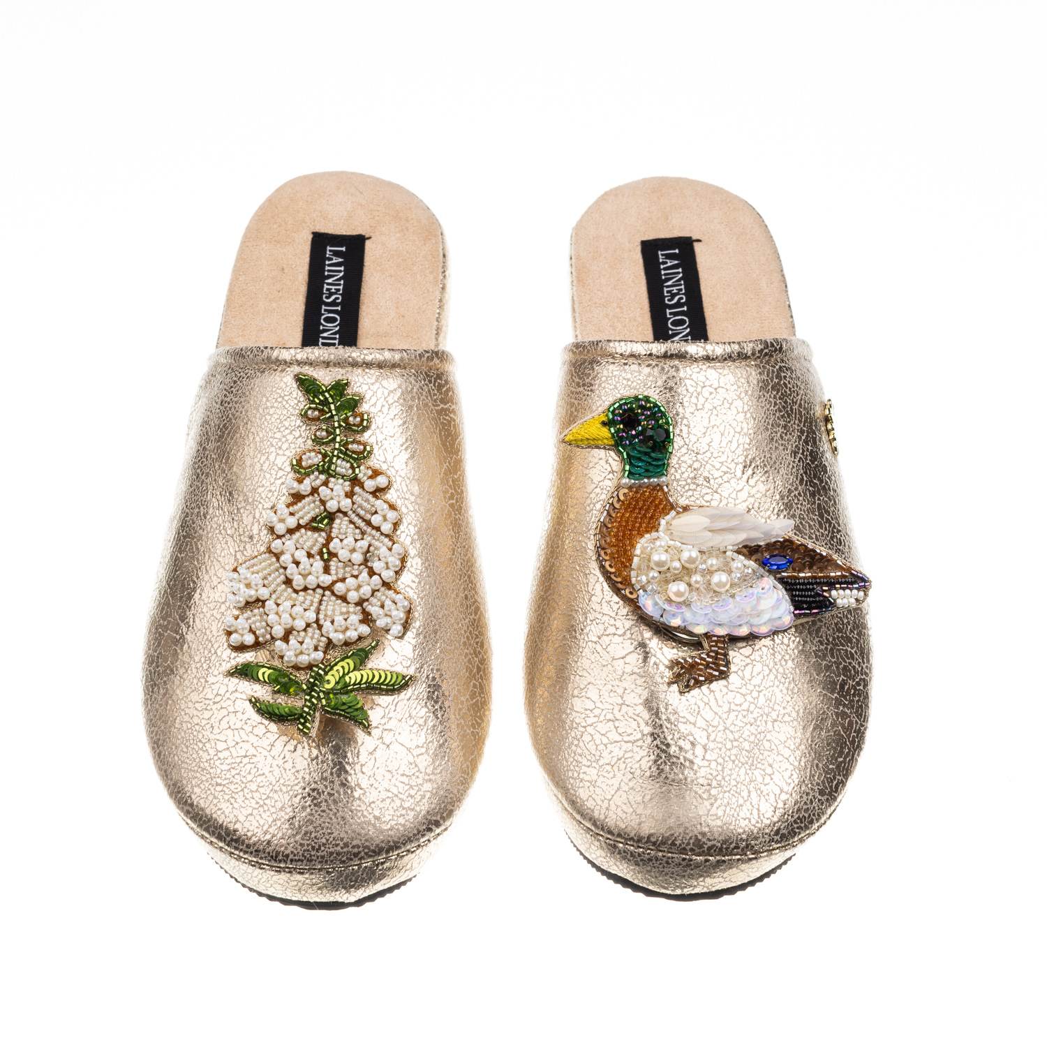 Laines London Women's  Gold Softie Slippers With White Foxglove Flowers & Duck Brooches In Gold