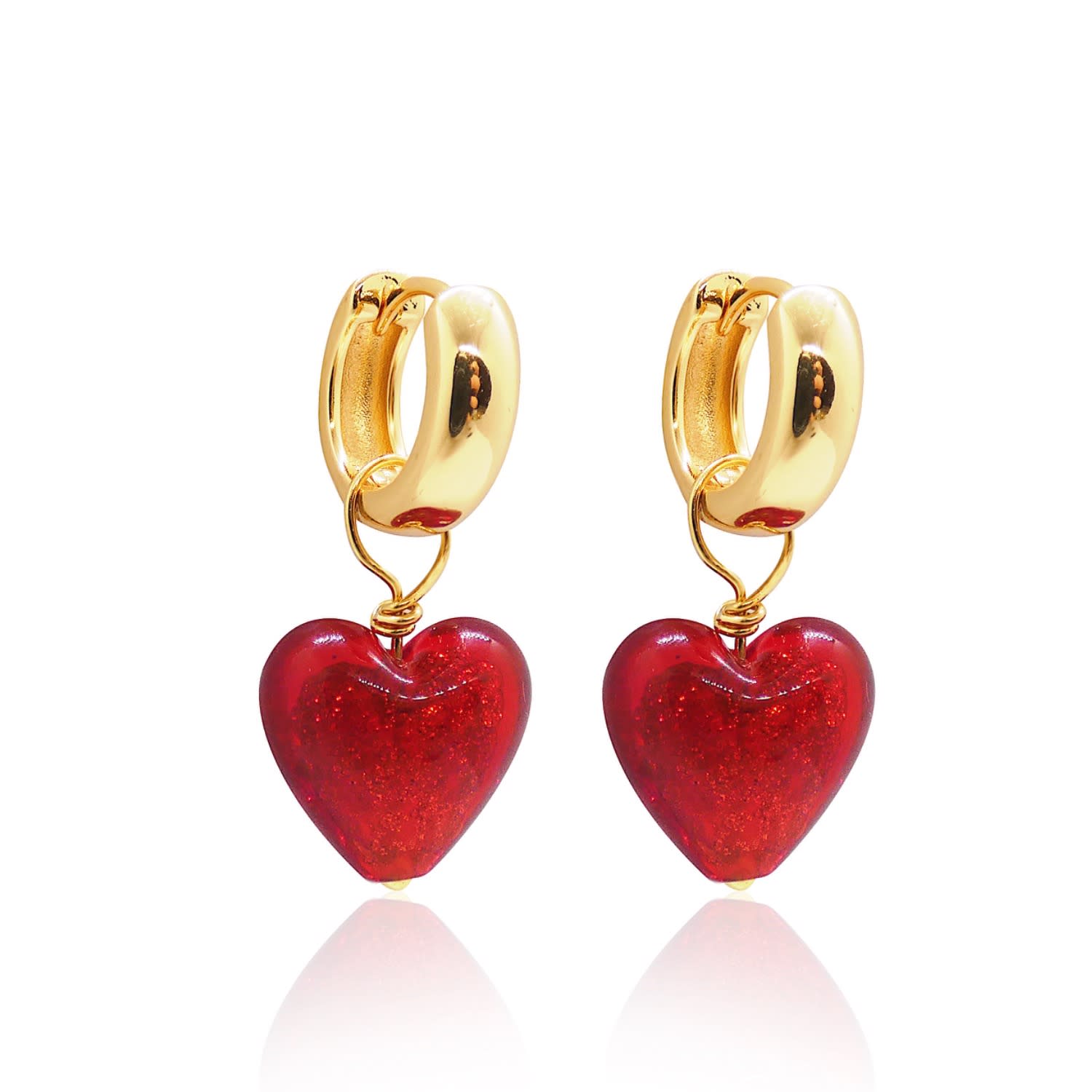 Valerie Chic Women's Gold / Red Ruby Sparkle Heart Hoop Earrings