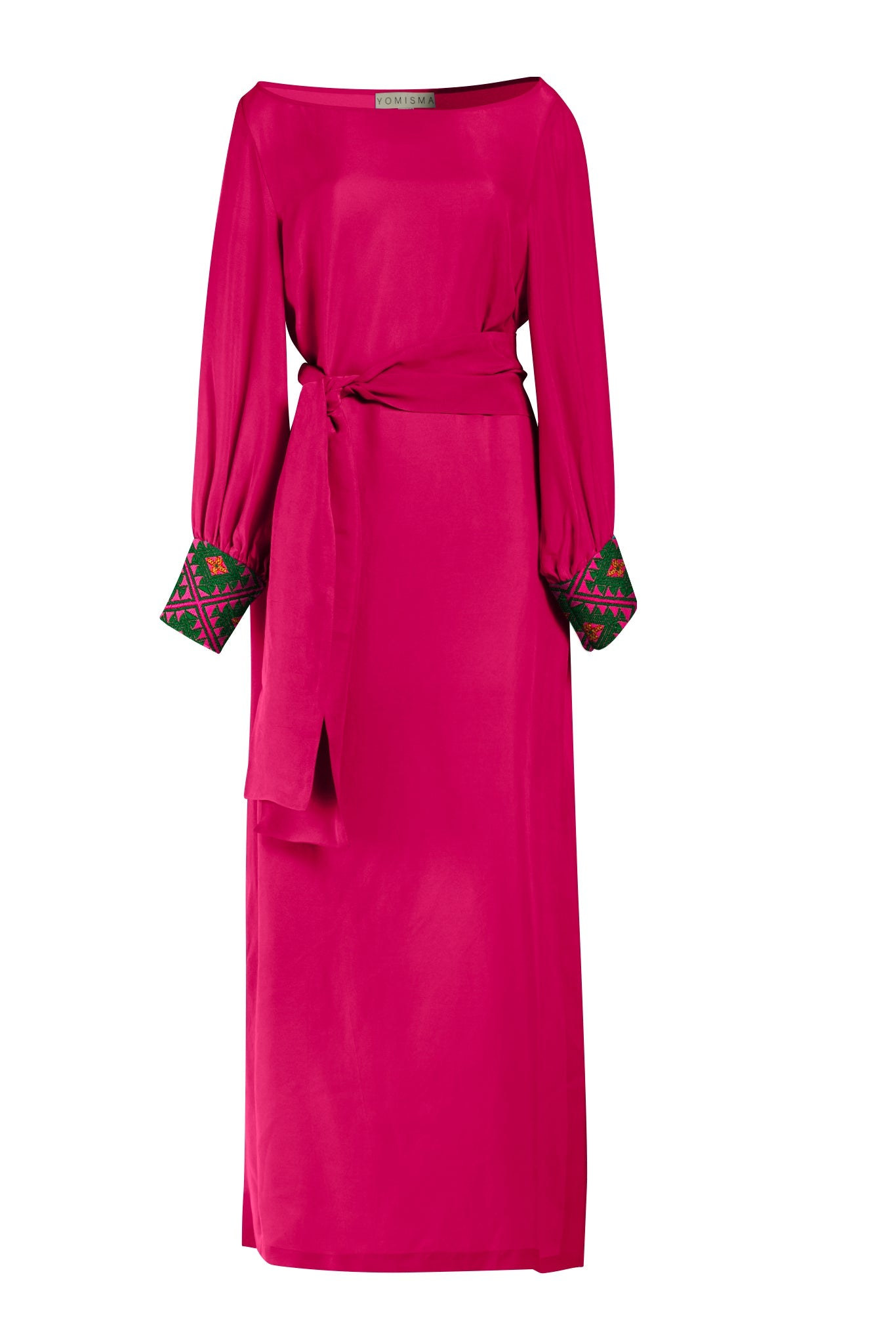 Women's Pink Viva Magenta Chiapas Embroidered Kaftan — Artisanal Handcrafted Resort Dress With Green, Magenta & Gold Embroidery | Xl/Xxl | Yomisma