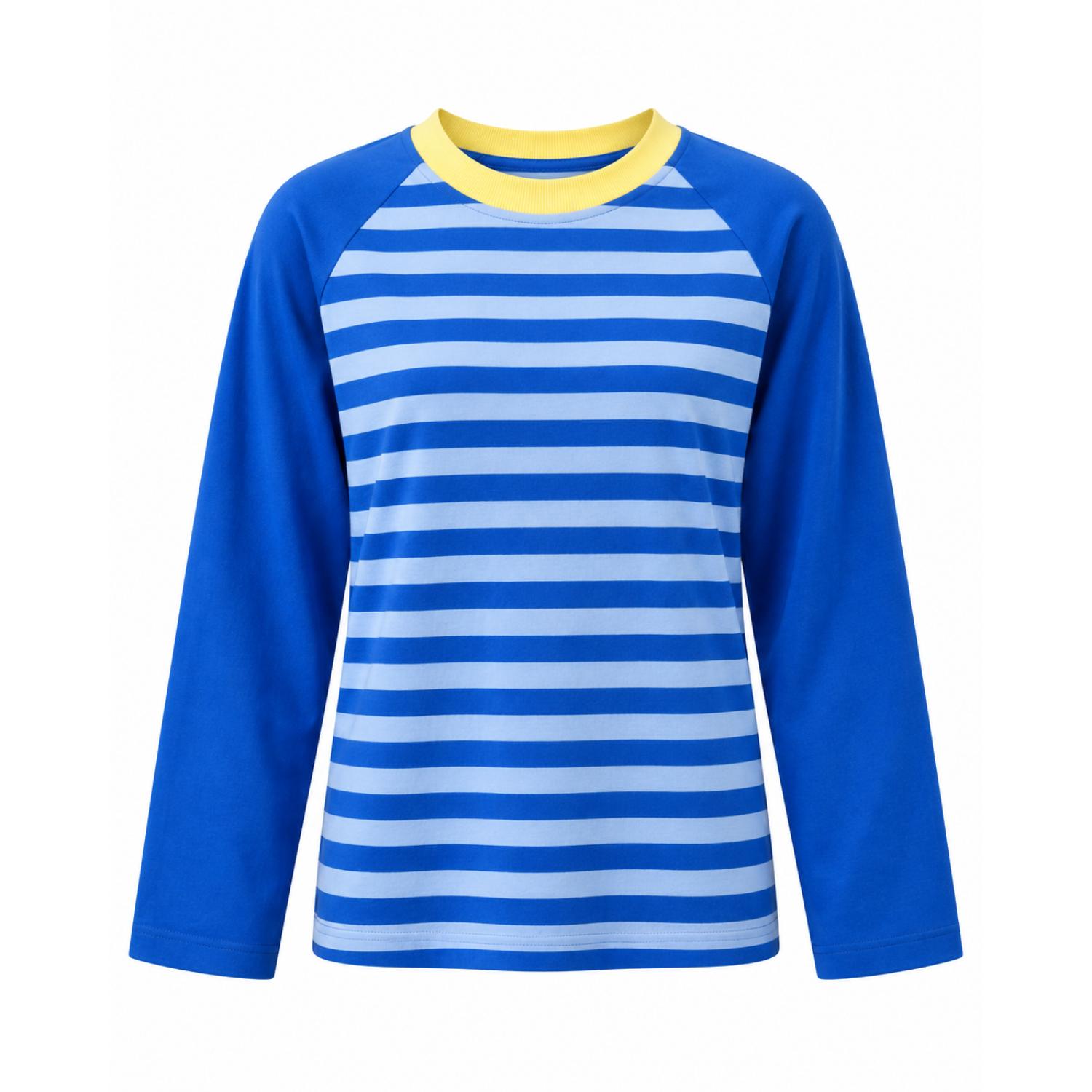 Mind Traveler Women's Blue Striped Raglan Long Sleeve Carla Top With Yellow Contrast Neck