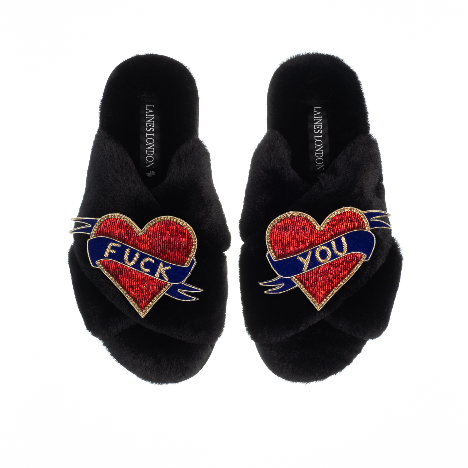 Classic Laines Slippers With Red & Gold Pucker Up Brooches - Black by  LAINES LONDON