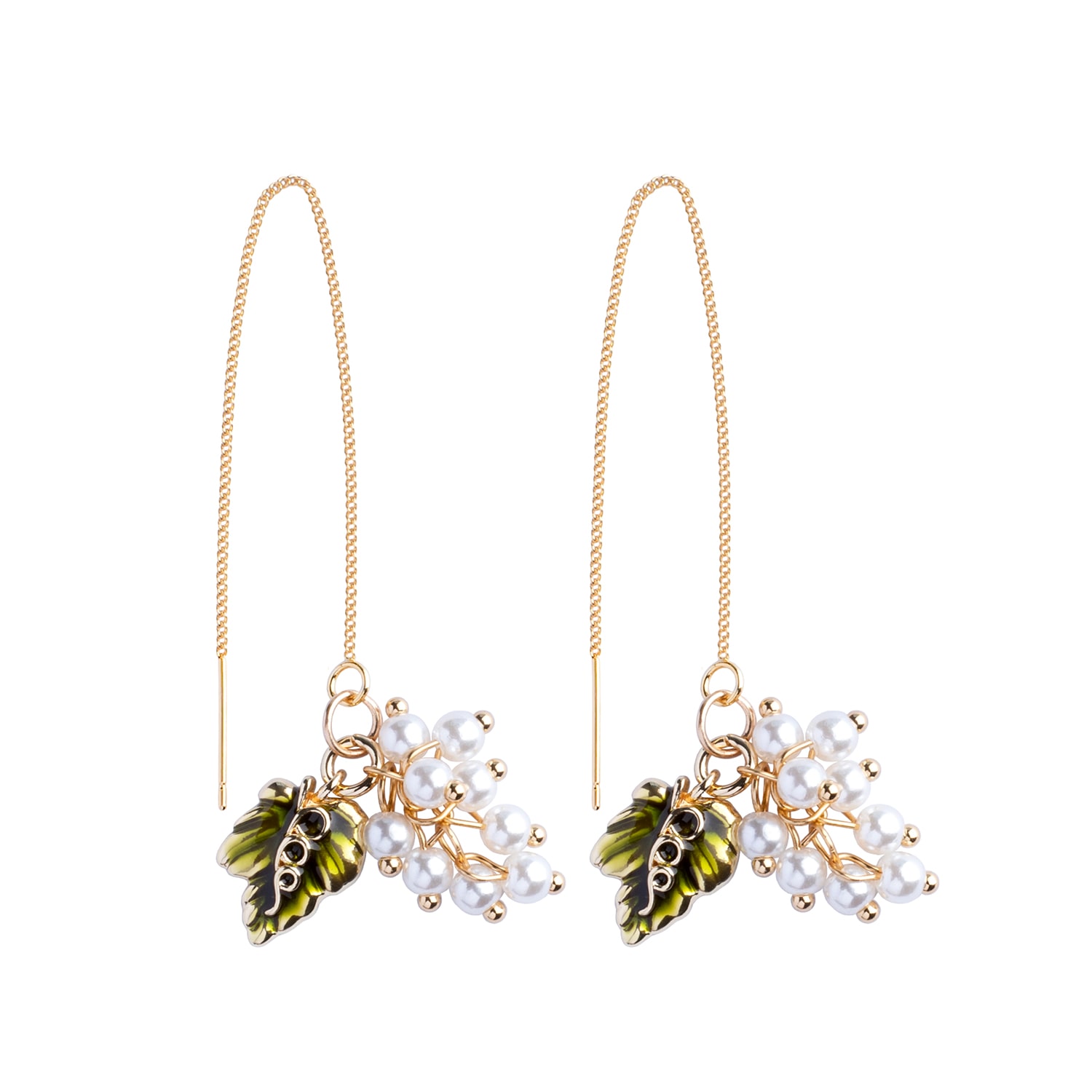 My Little Nature Women's White / Gold White Pearls Flower Gold Plated Threader Earrings - Dangle Earrings With Flower In Black