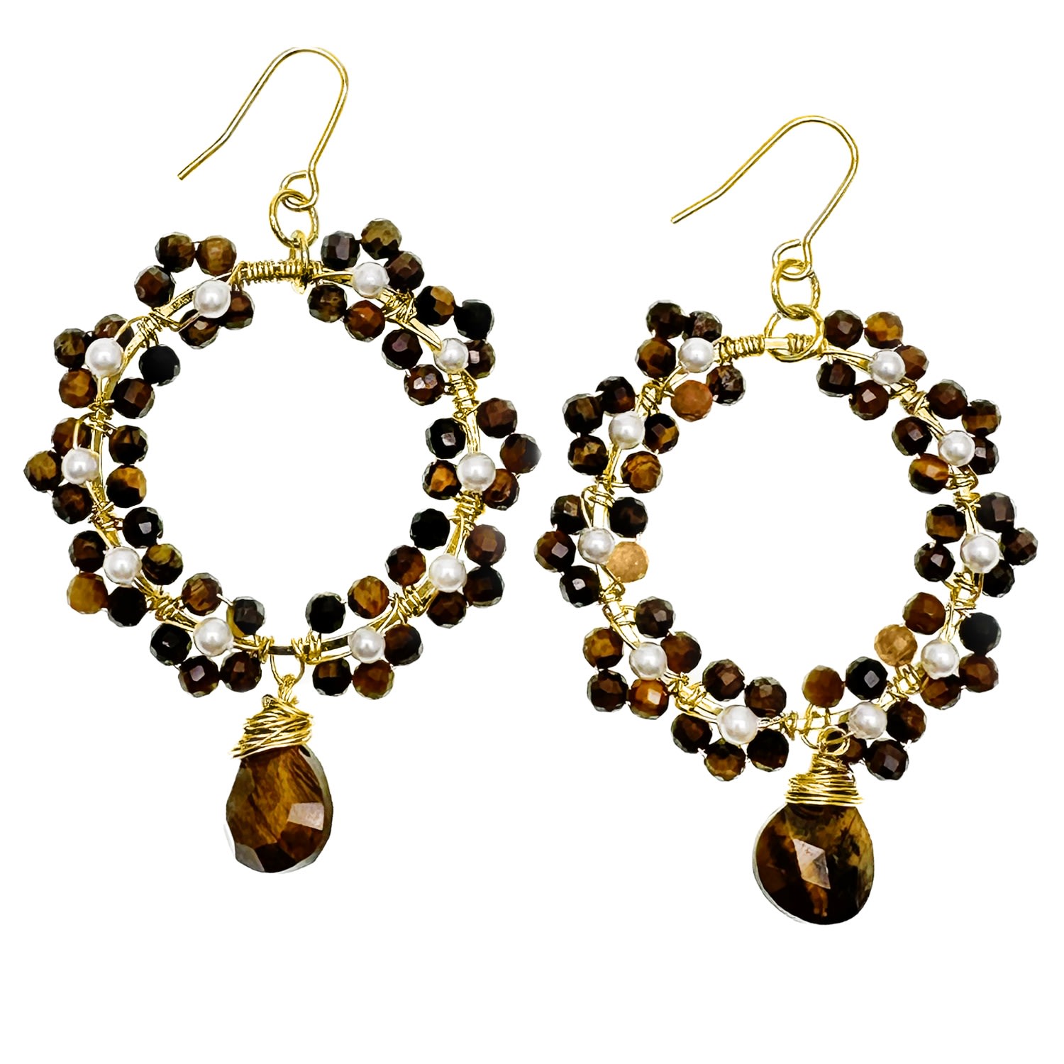Farra Women's Brown Tiger Eye With Freshwater Pearls Hand Crafted Flower Ring Earrings In Brown