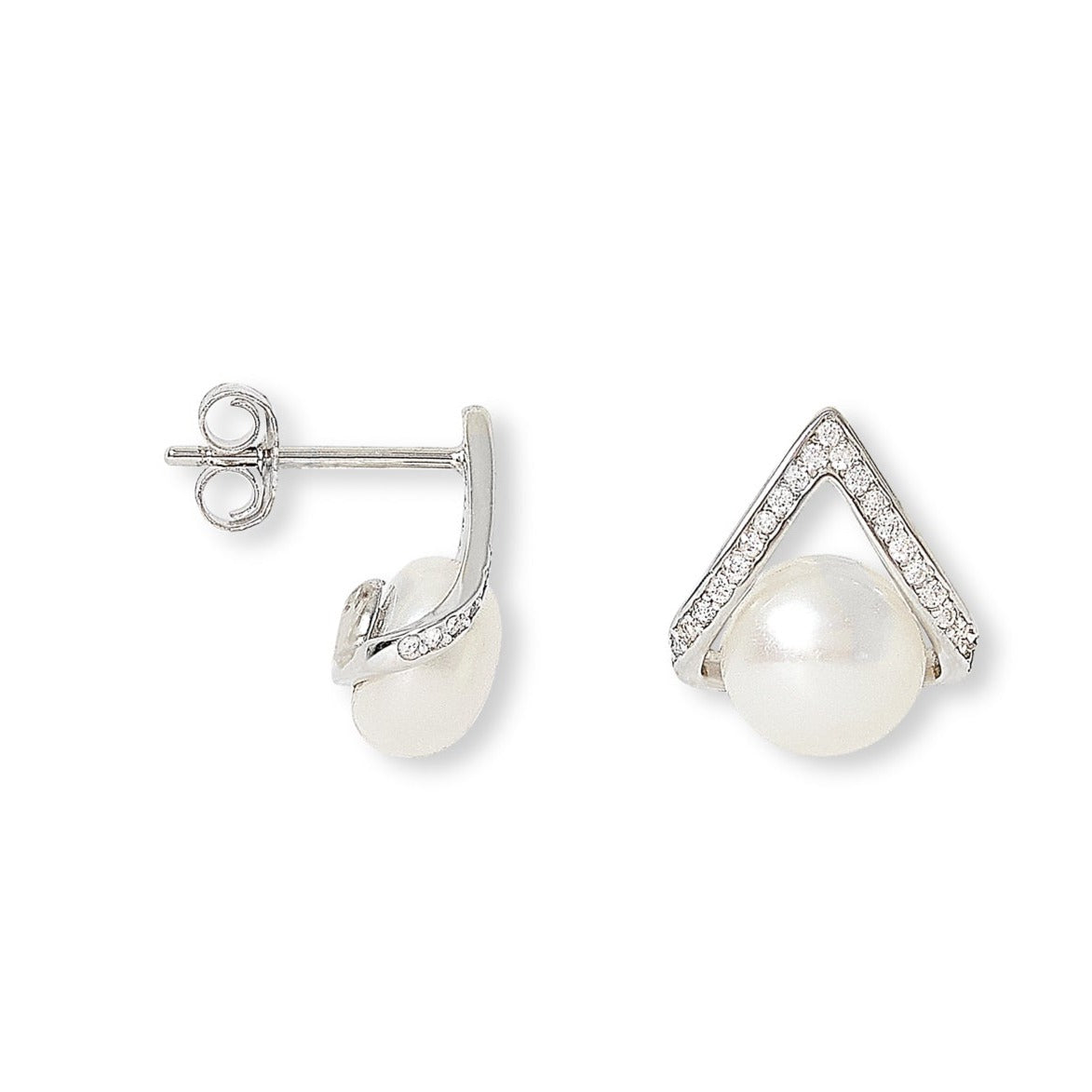 Pearls Of The Orient Online Women's White / Silver Stella Silver Pave Triangular Studs With Cultured Freshwater Pearls In Multi