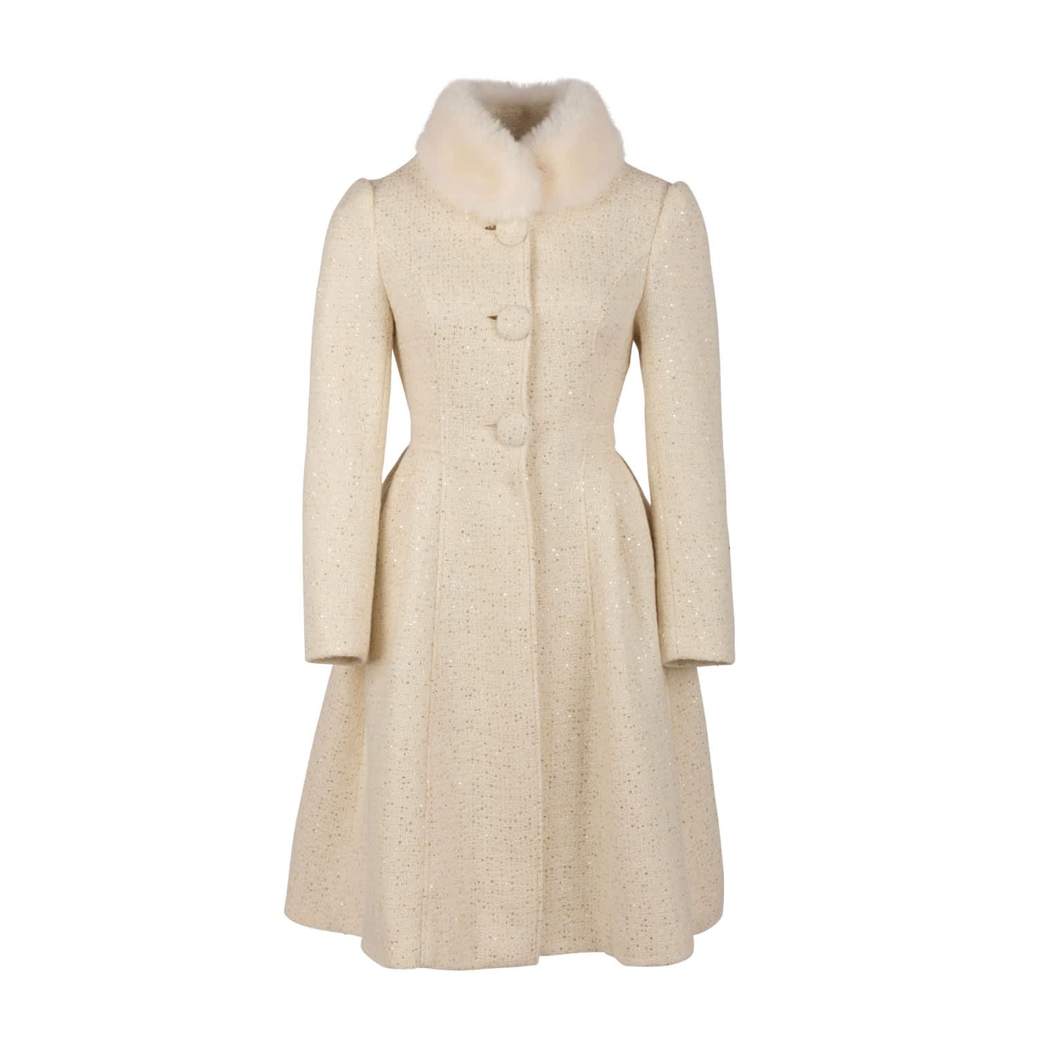 Starlet Wool Tweed Dress Coat With Faux Fur In Crema by Santinni